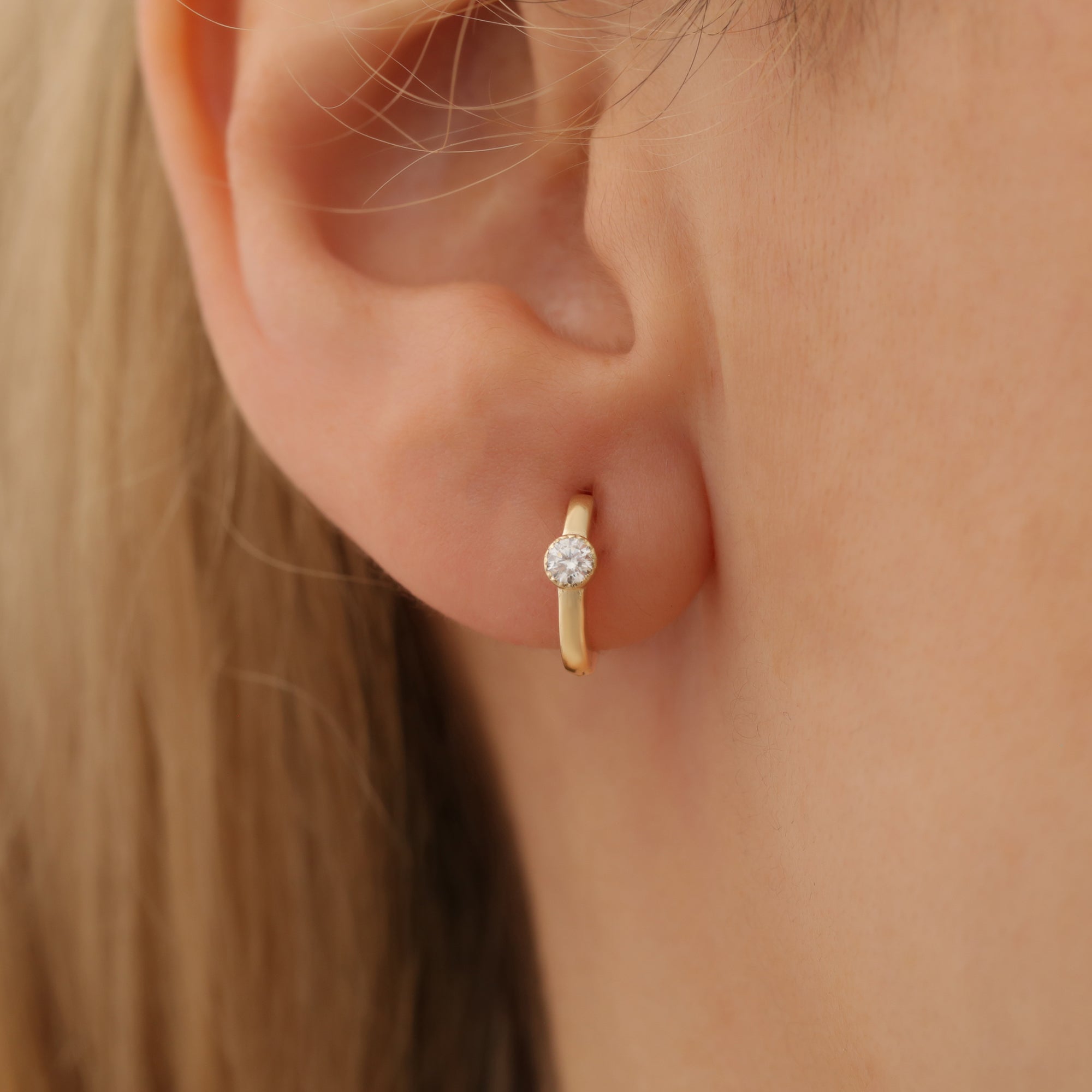 Solitaire Huggie Diamond Hoops Earrings 14K Gold