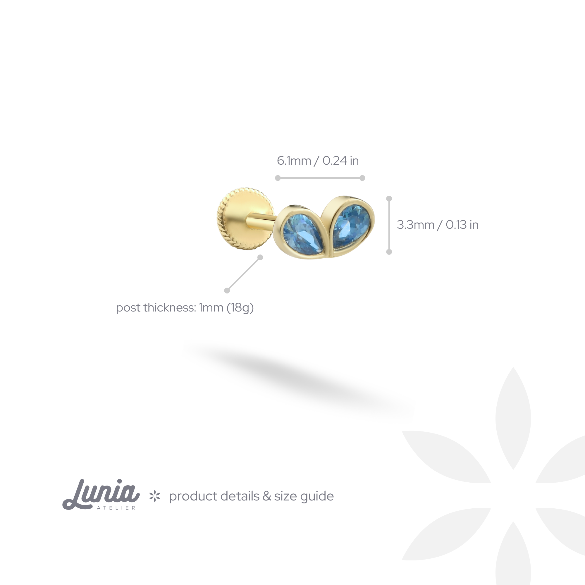 Sparkling Blue Duo Flatback Ear Piercing 14K Gold with CZ Stone