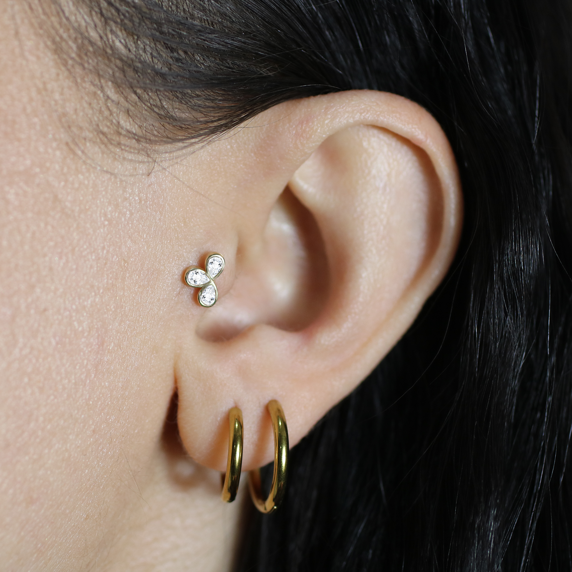 Gleaming Trio Flatback Ear Piercing 14K Gold with CZ Stone