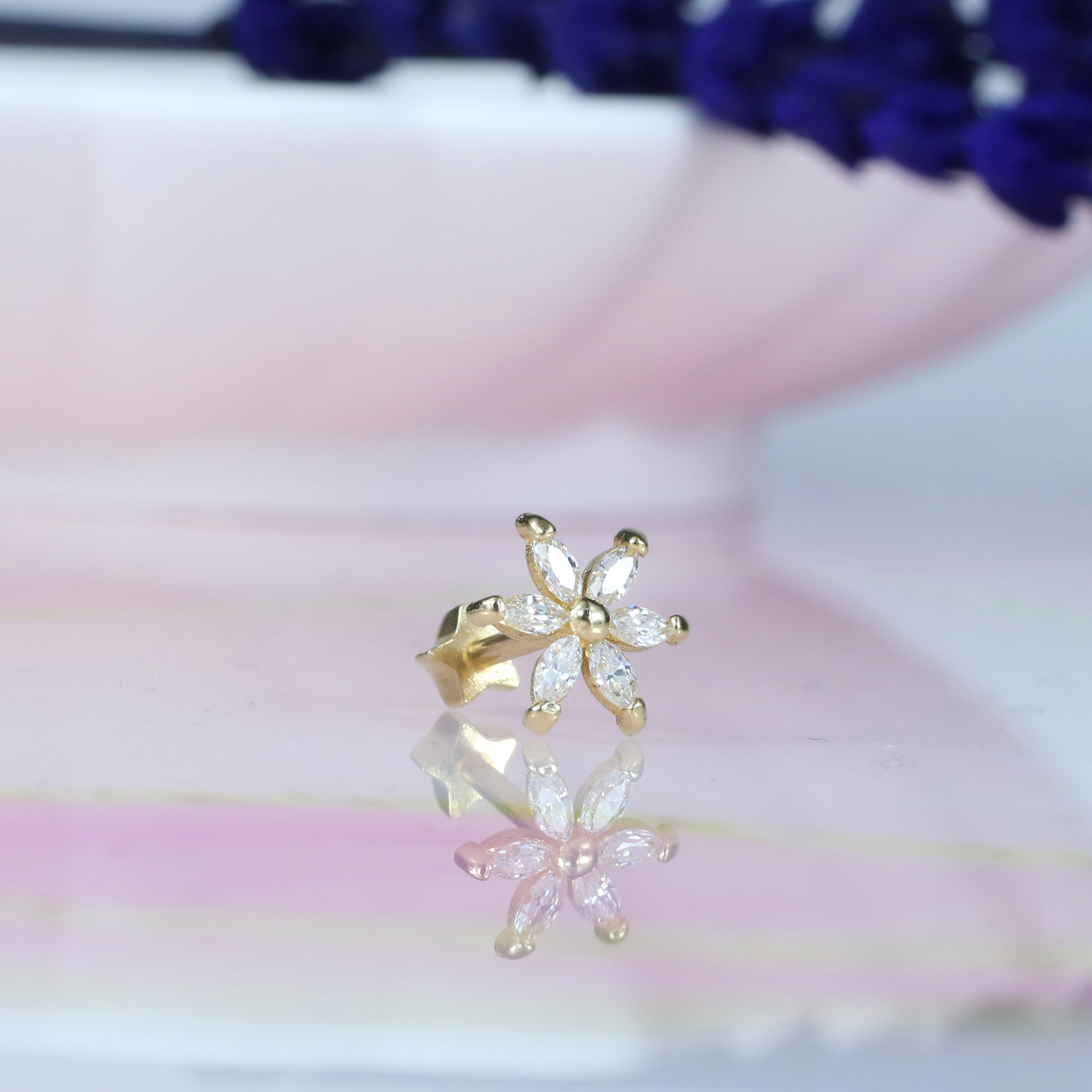 Star Flower Straight Ear Piercing 14K Gold CZ Stone