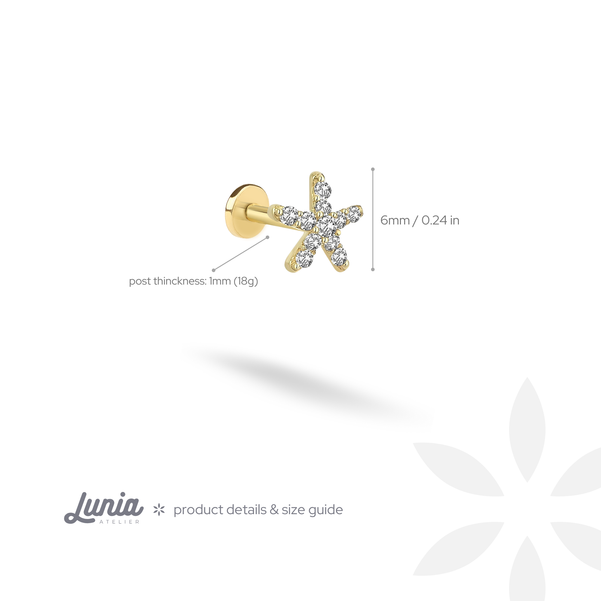 Starfish Flatback Ear Diamond CZ Stone Piercing 14K Gold