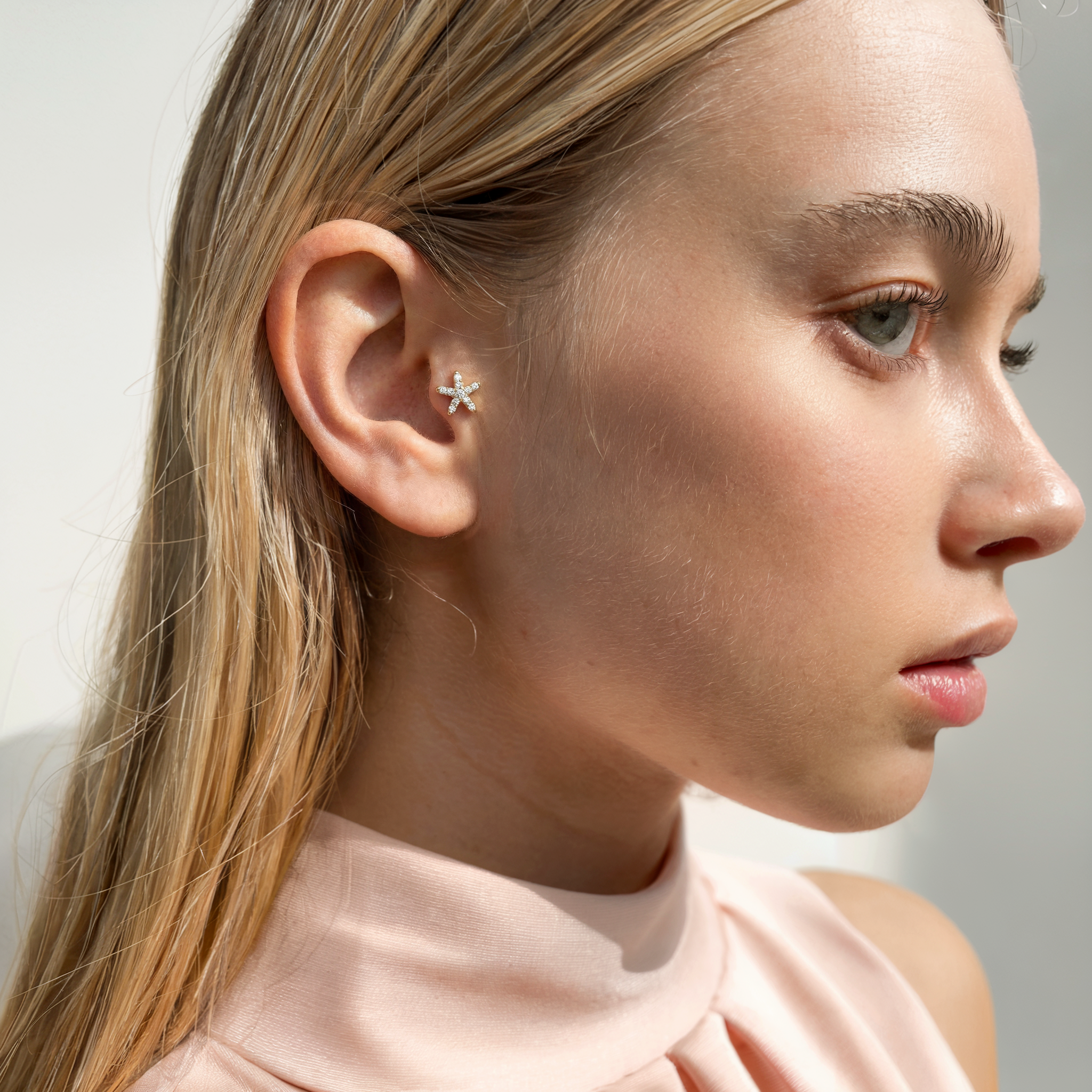 Starfish Flatback Ear Diamond CZ Stone Piercing 14K Gold