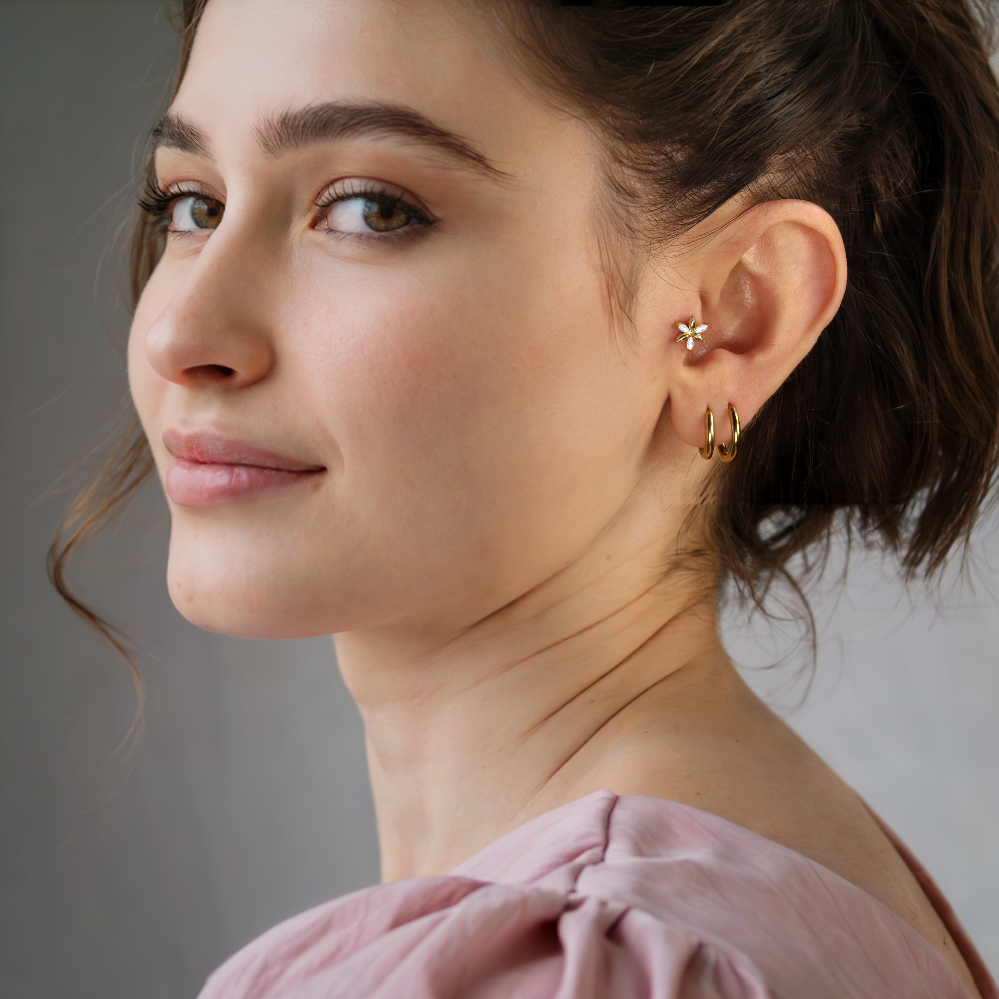 Starflower Flatback Ear Piercing 14K Gold with CZ Stone