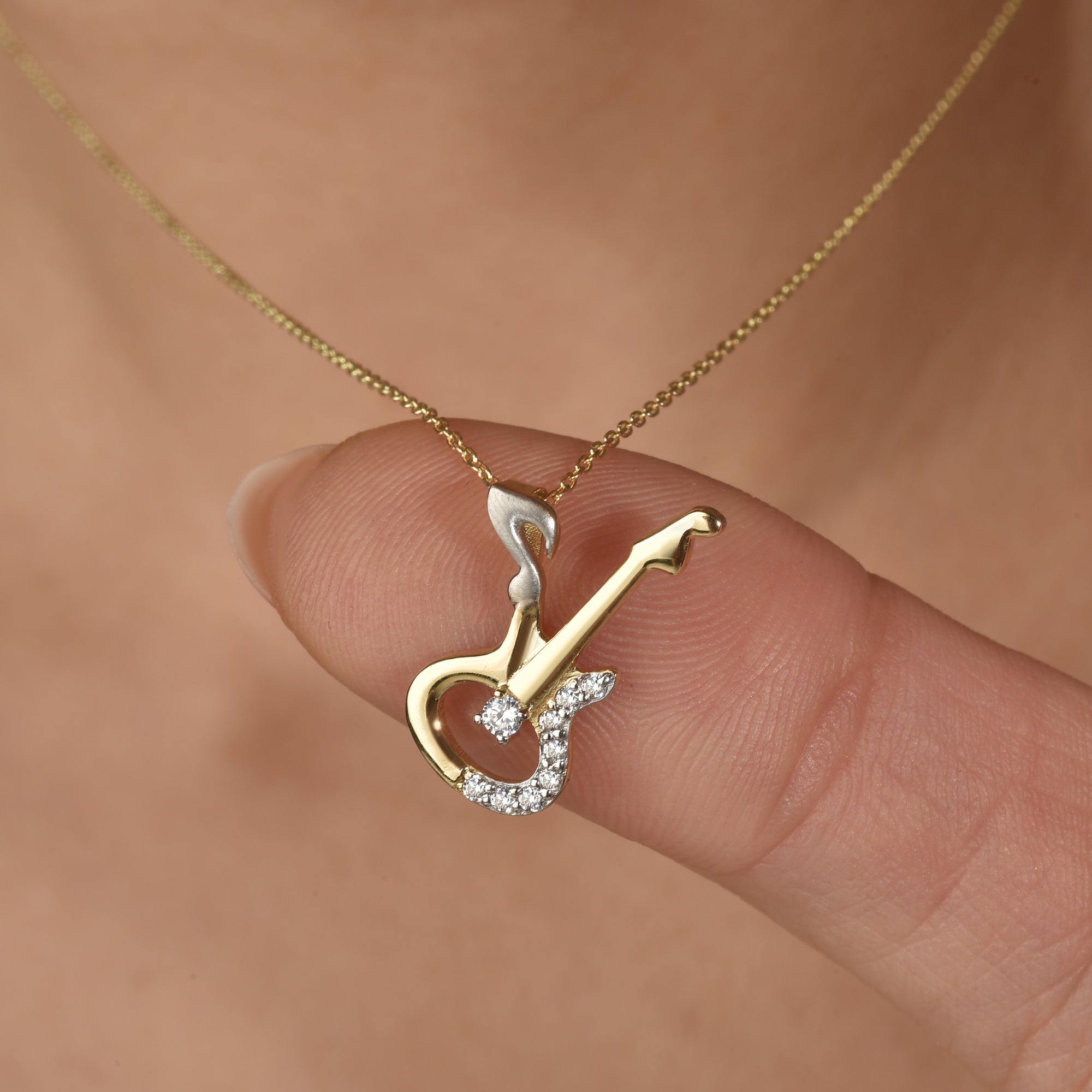 Gold rock guitar necklace with stone details, nickel free 14K gold and silver design