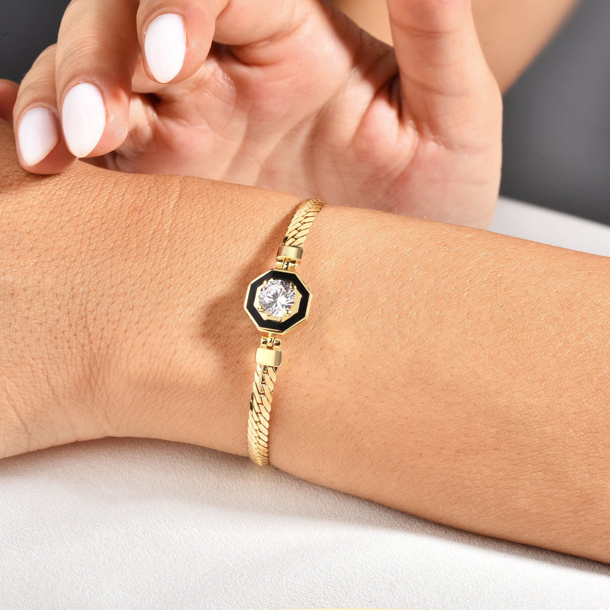 Stone Herringbone Chain 14K Gold