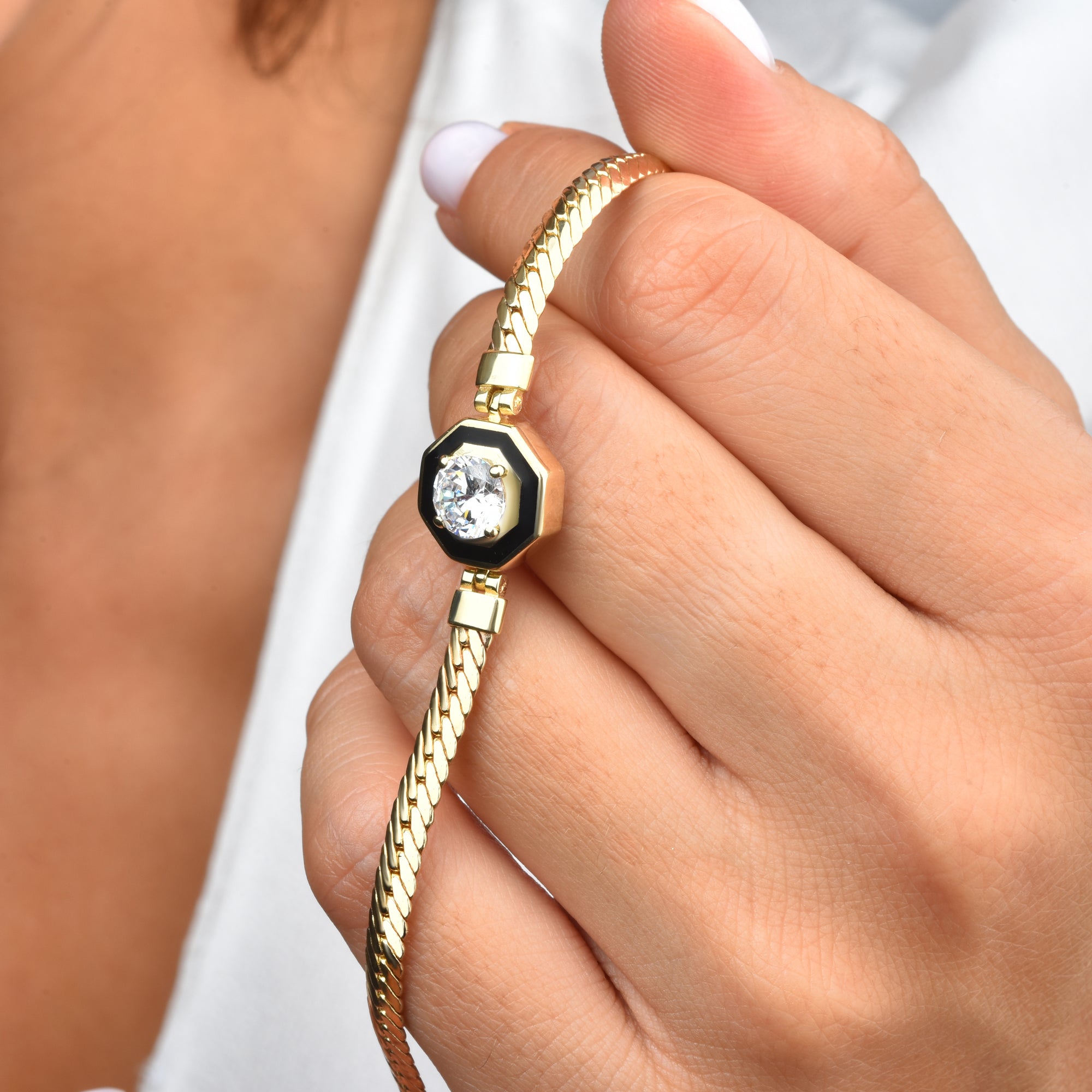 Stone Herringbone Chain 14K Gold