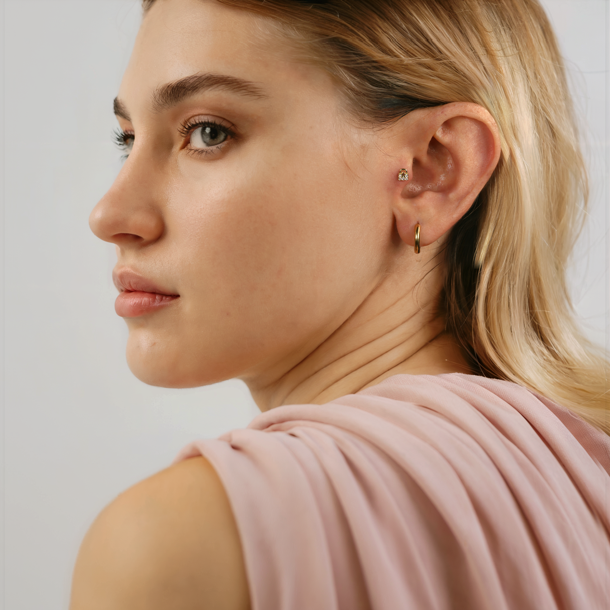 Stone Lock Flatback Ear Piercing 14K Gold with CZ Stone