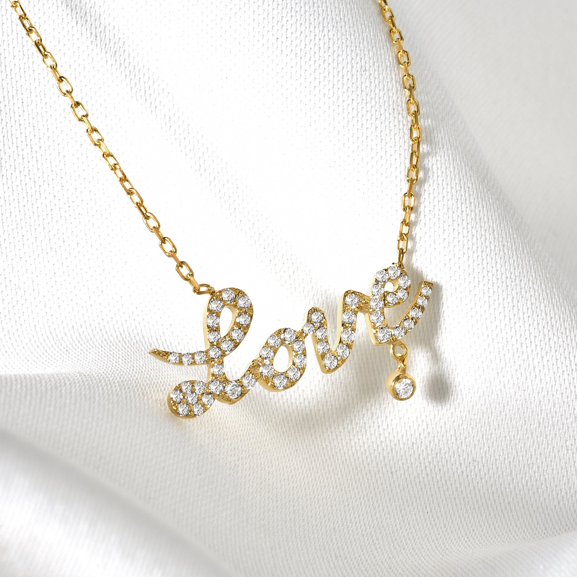 Stone Set Love Script Diamond Necklace 14K Gold / Silver