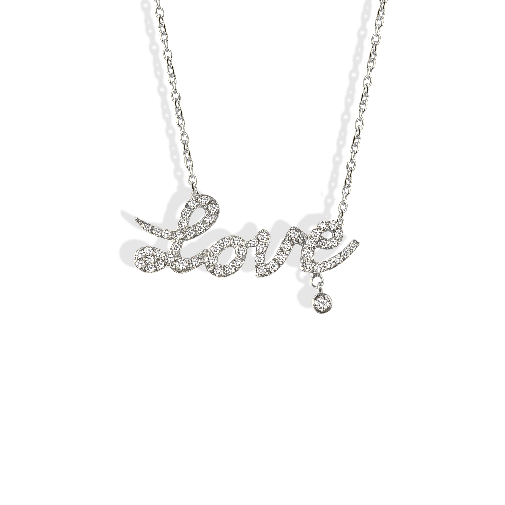 Stone Set Love Script Diamond Necklace 14K Gold / Silver