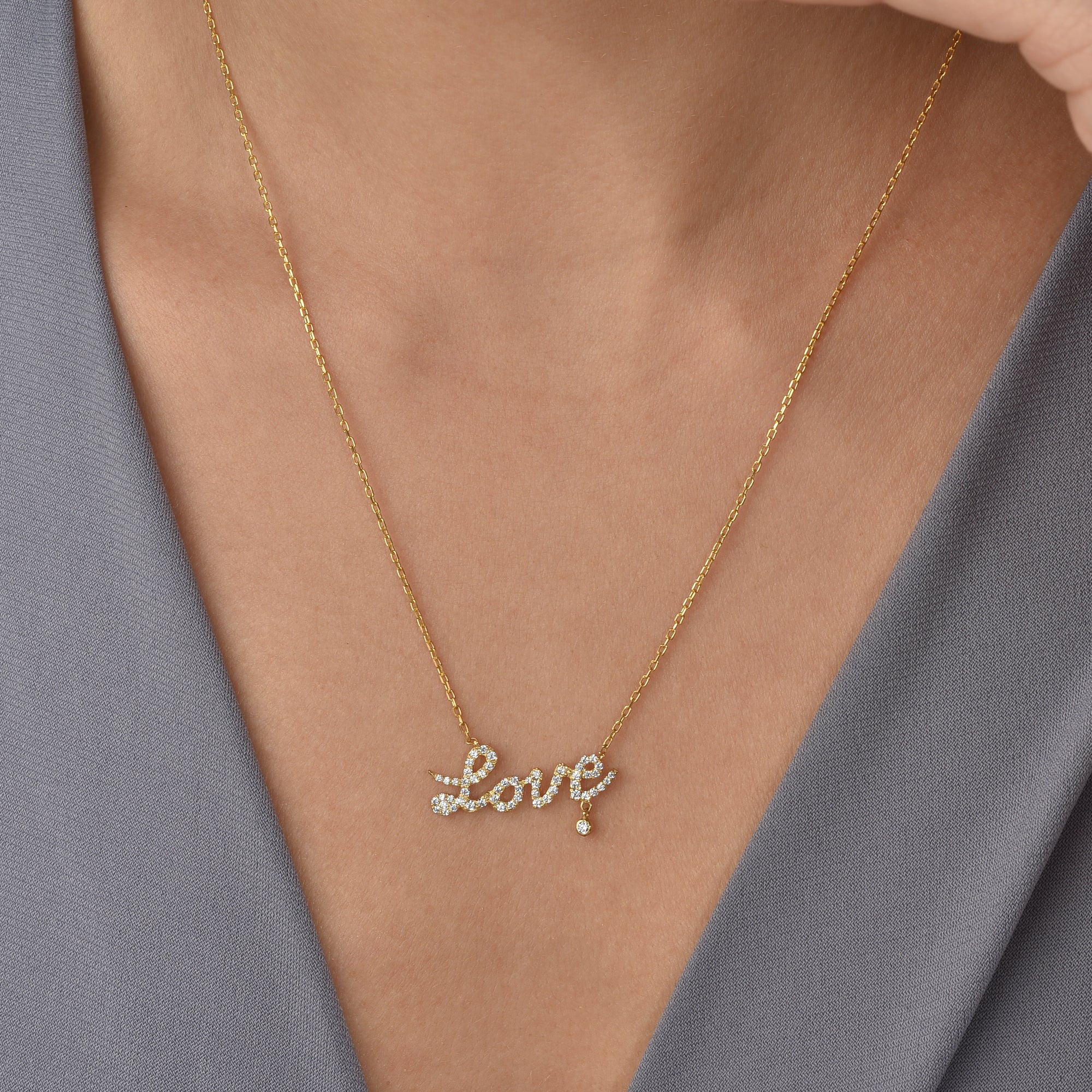 Stone Set Love Script Necklace 14K Gold / Silver – hand crafted love necklace