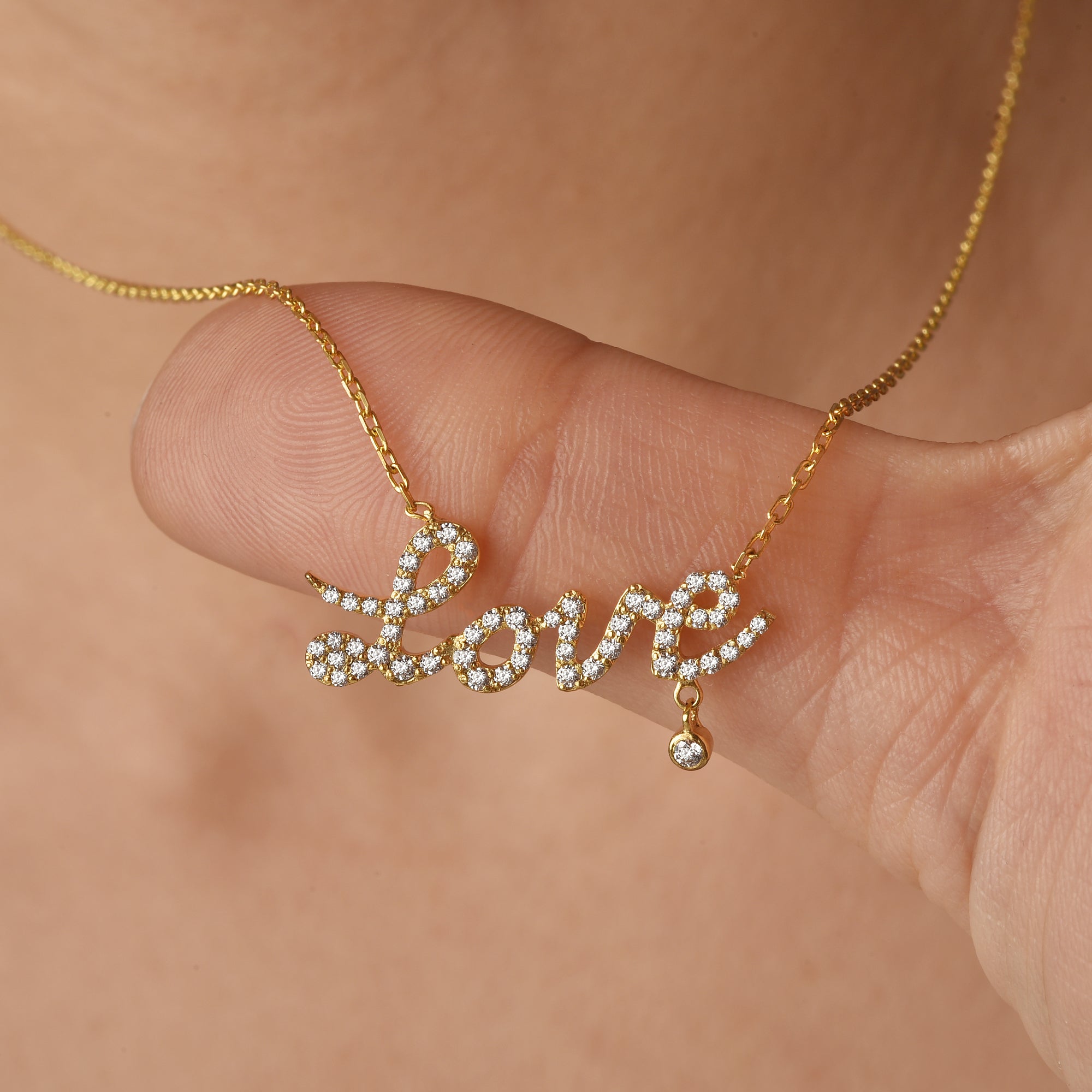 Stone Set Love Script Diamond Necklace 14K Gold / Silver