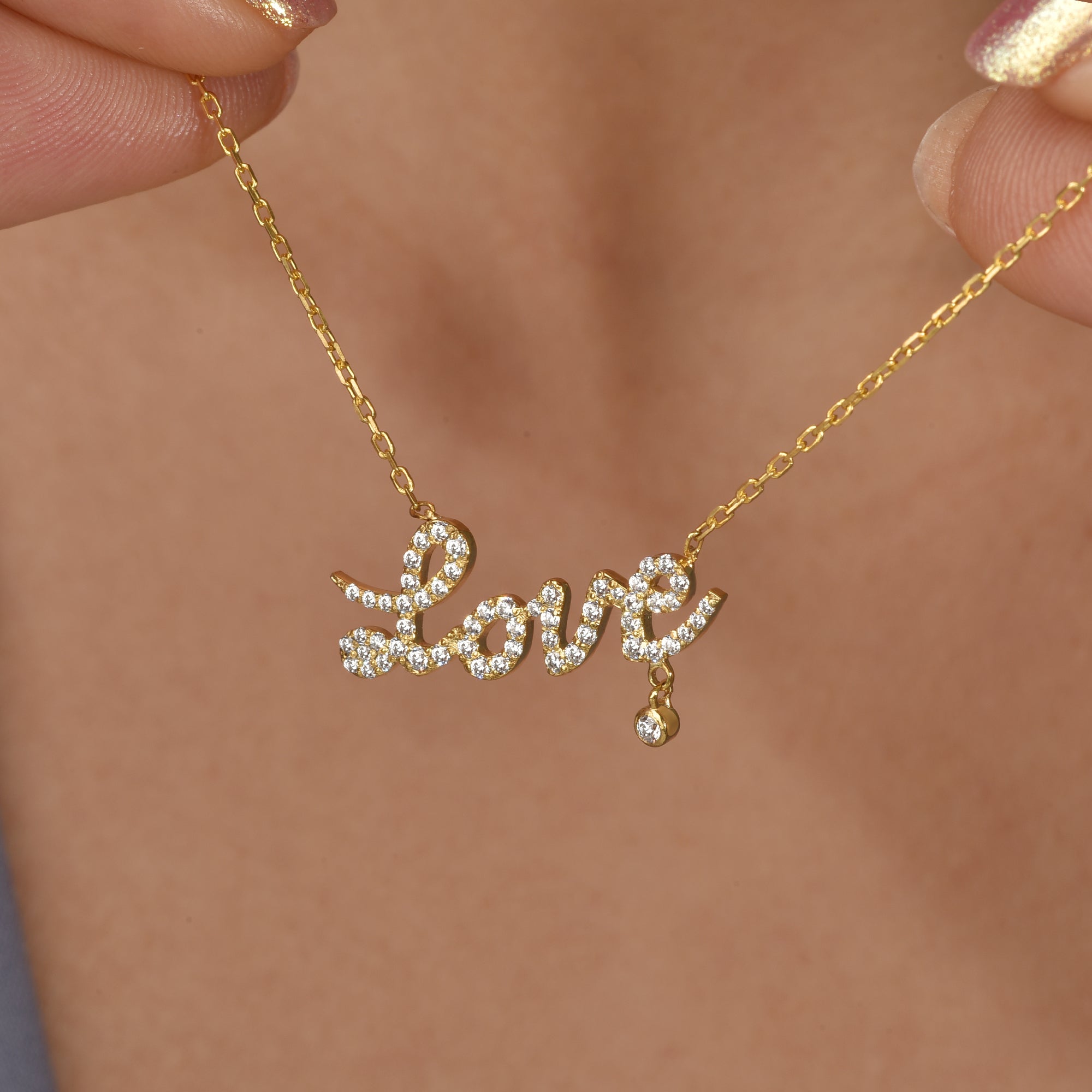 Stone Set Love Script Diamond Necklace 14K Gold / Silver