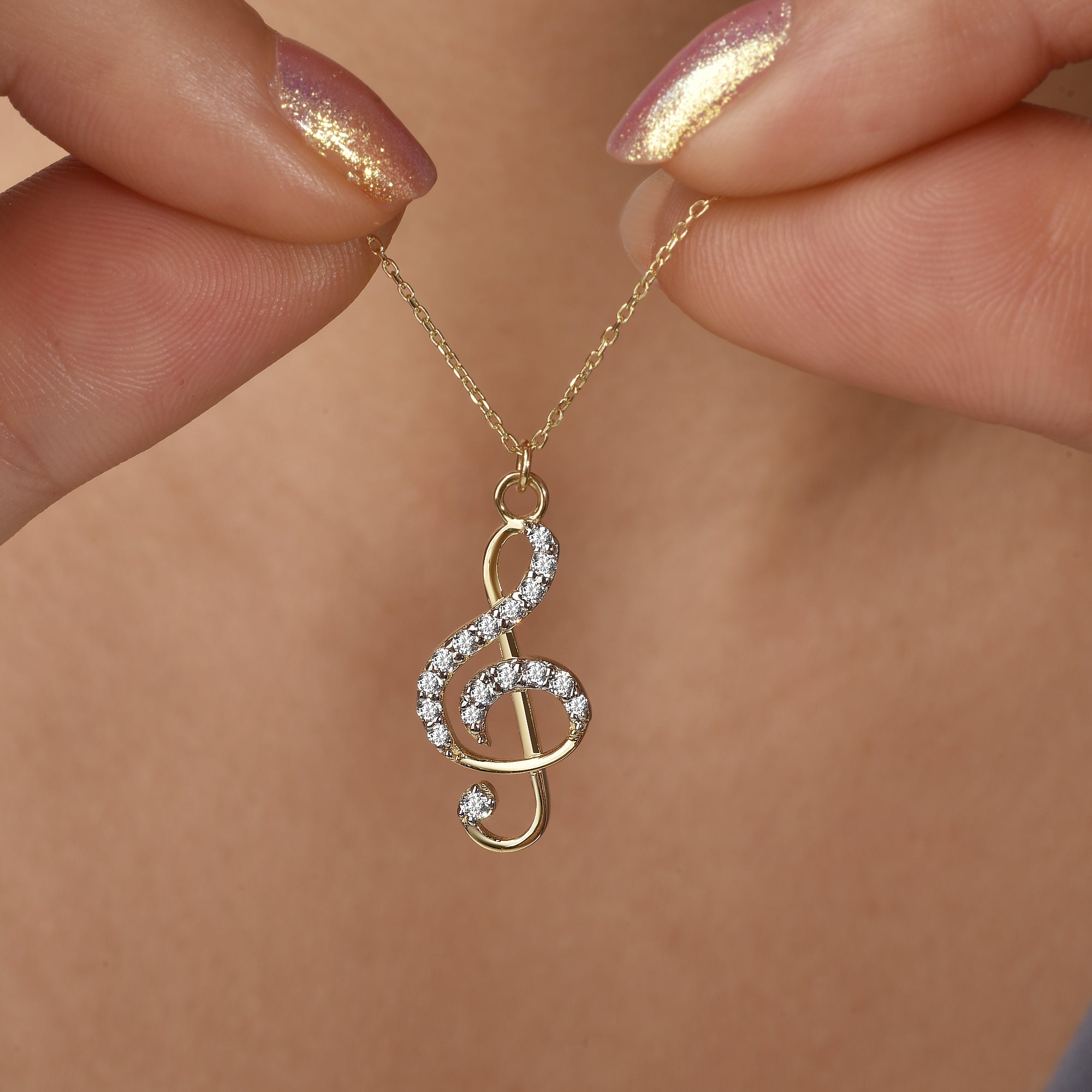 Stone Treble Clef Diamond Necklace 14K Gold / Silver