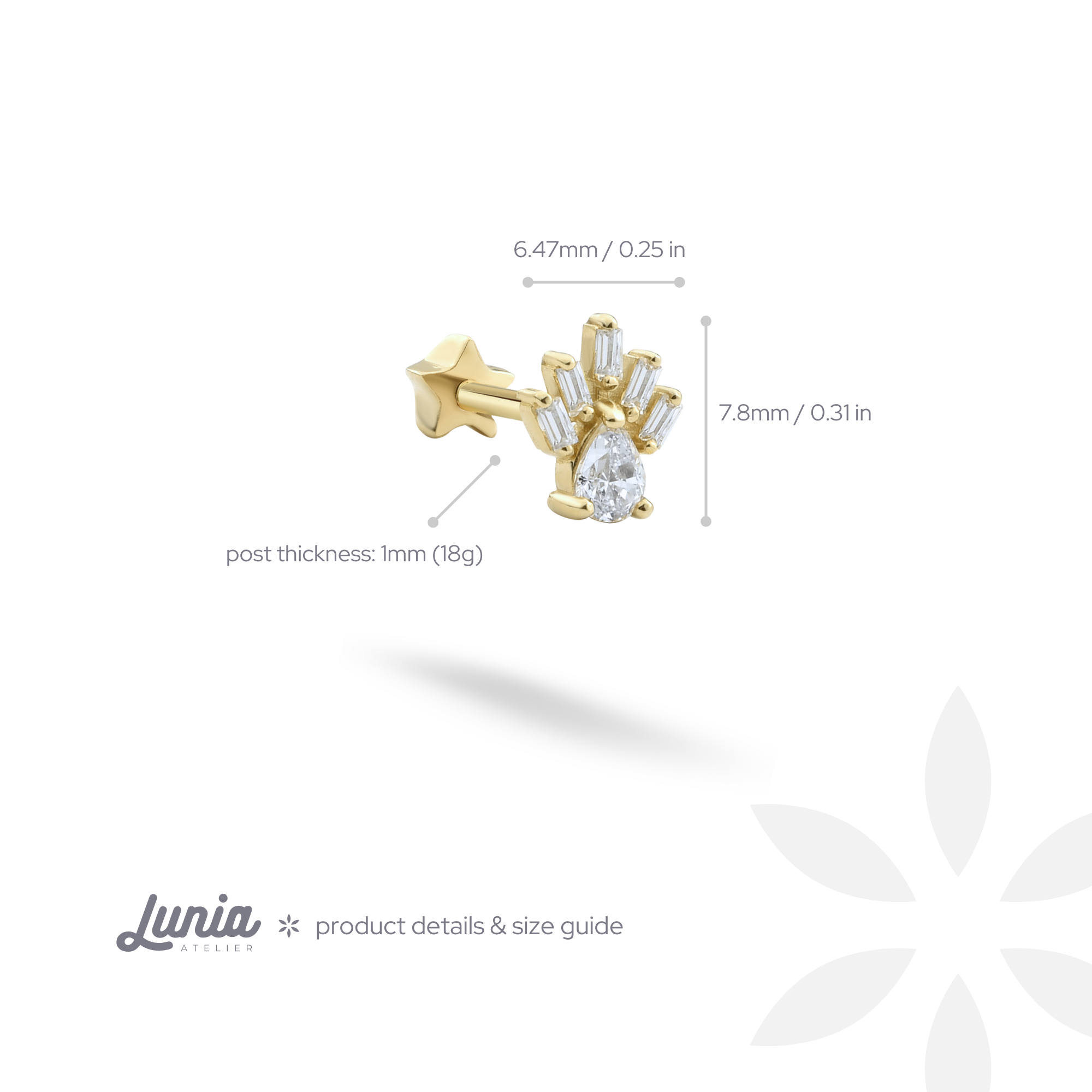 Sunbeam Flatback Ear Piercing 14K Gold with CZ Stone