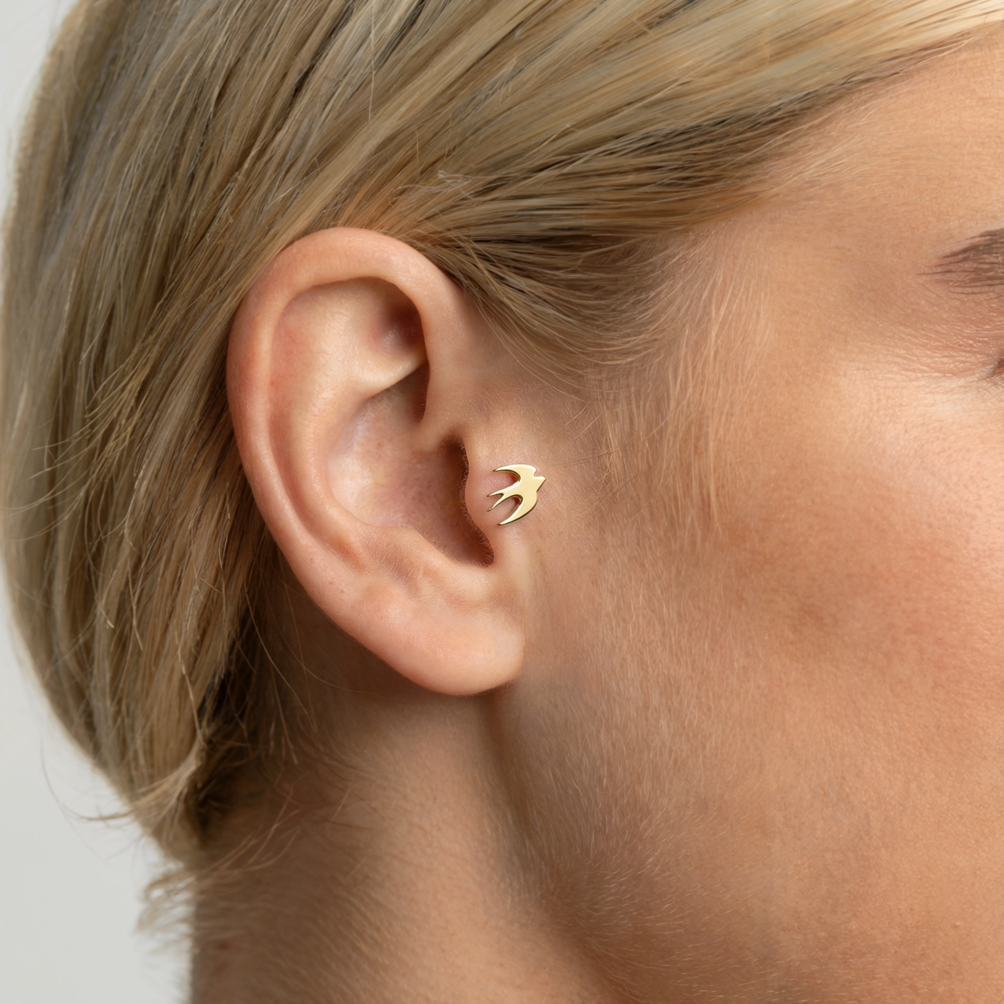 Swallow Flatback Ear Piercing 14K Gold / Silver bird piercing, hand crafted in Istanbul, nickel free, comfortable and elegant for everyday wear.