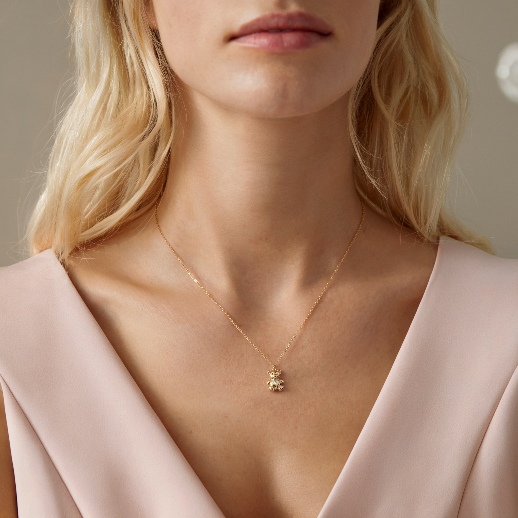 Teddy Bear Heart Stone Pendant Necklace 14K Gold / Silver with a cute animal design and heart love stone. Hand crafted jewelry, a sweet gift full of meaning.