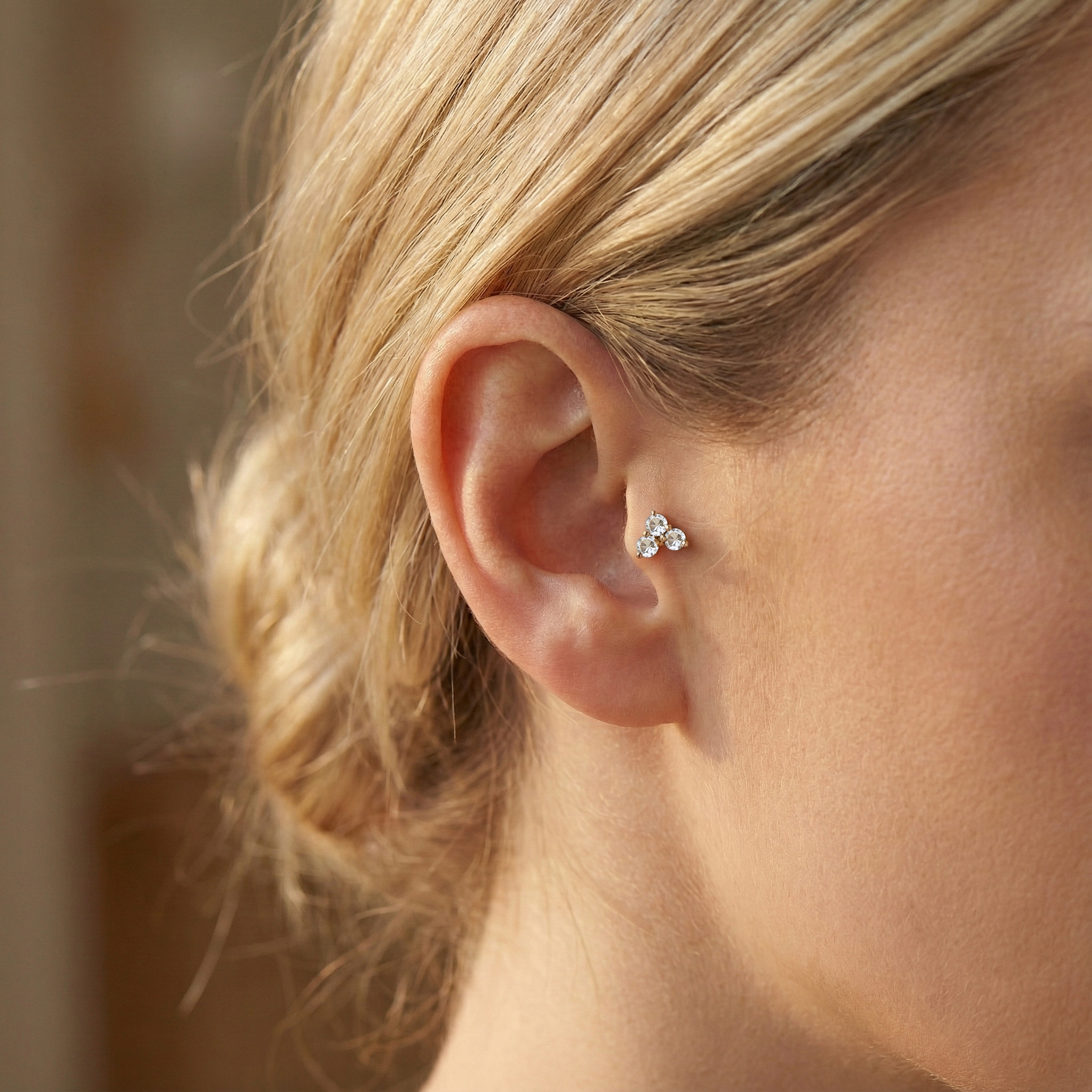 Trio Flatback Ear Diamond Stone CZ Piercing 14K Gold