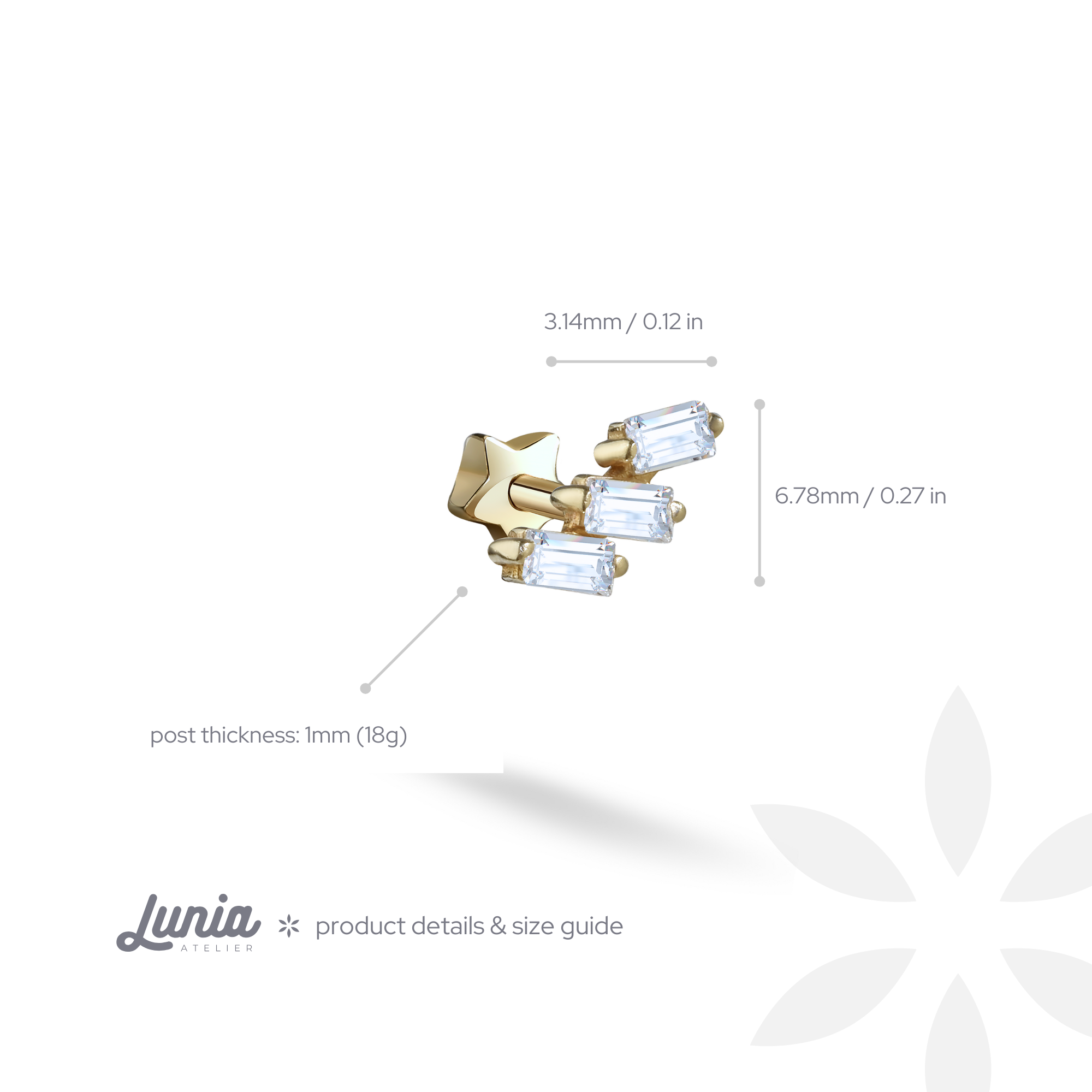 Triple Baguette Flatback Ear Piercing 14K Gold with CZ Stone