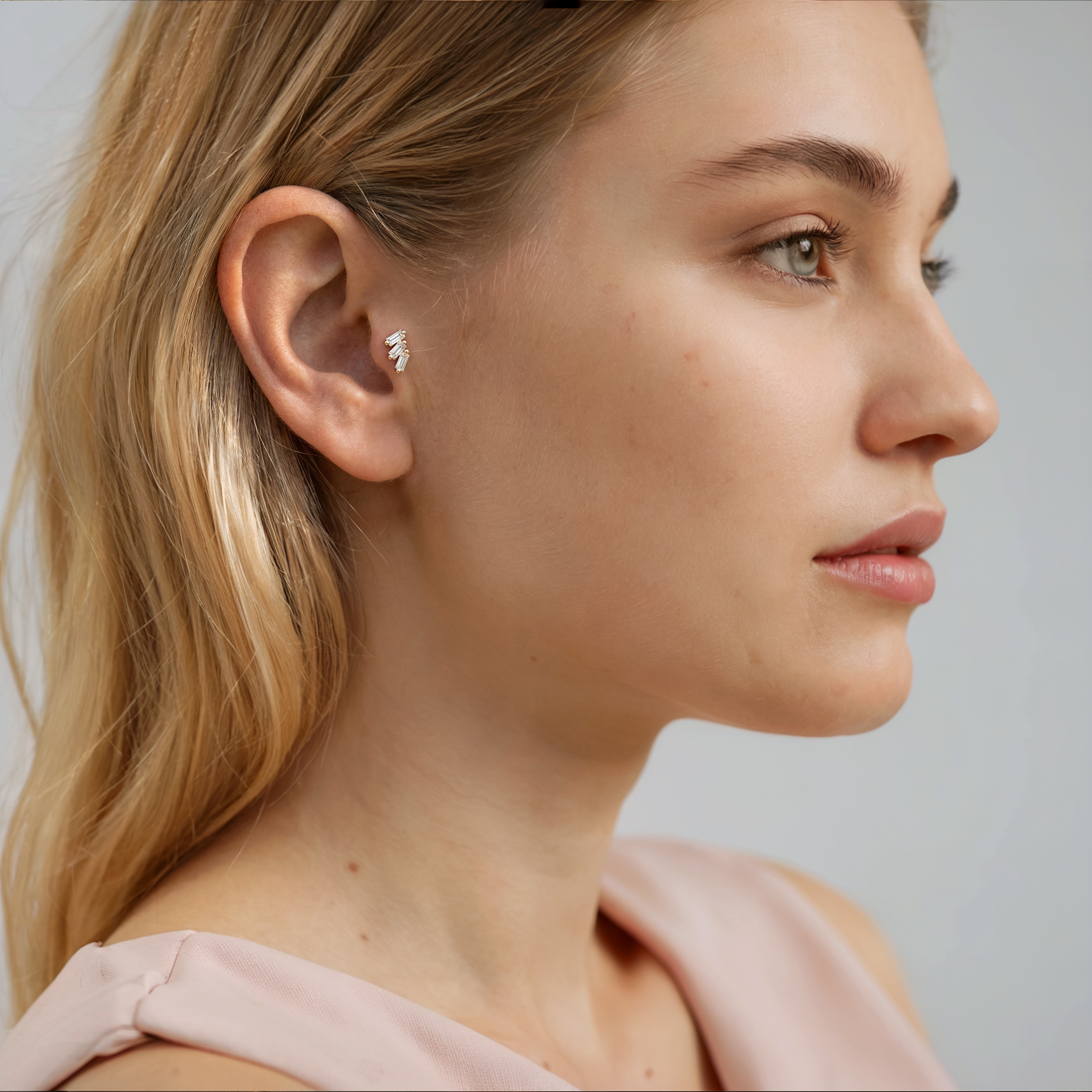 Triple Baguette Diamond Stone CZ Flatback Ear Piercing 14K Gold