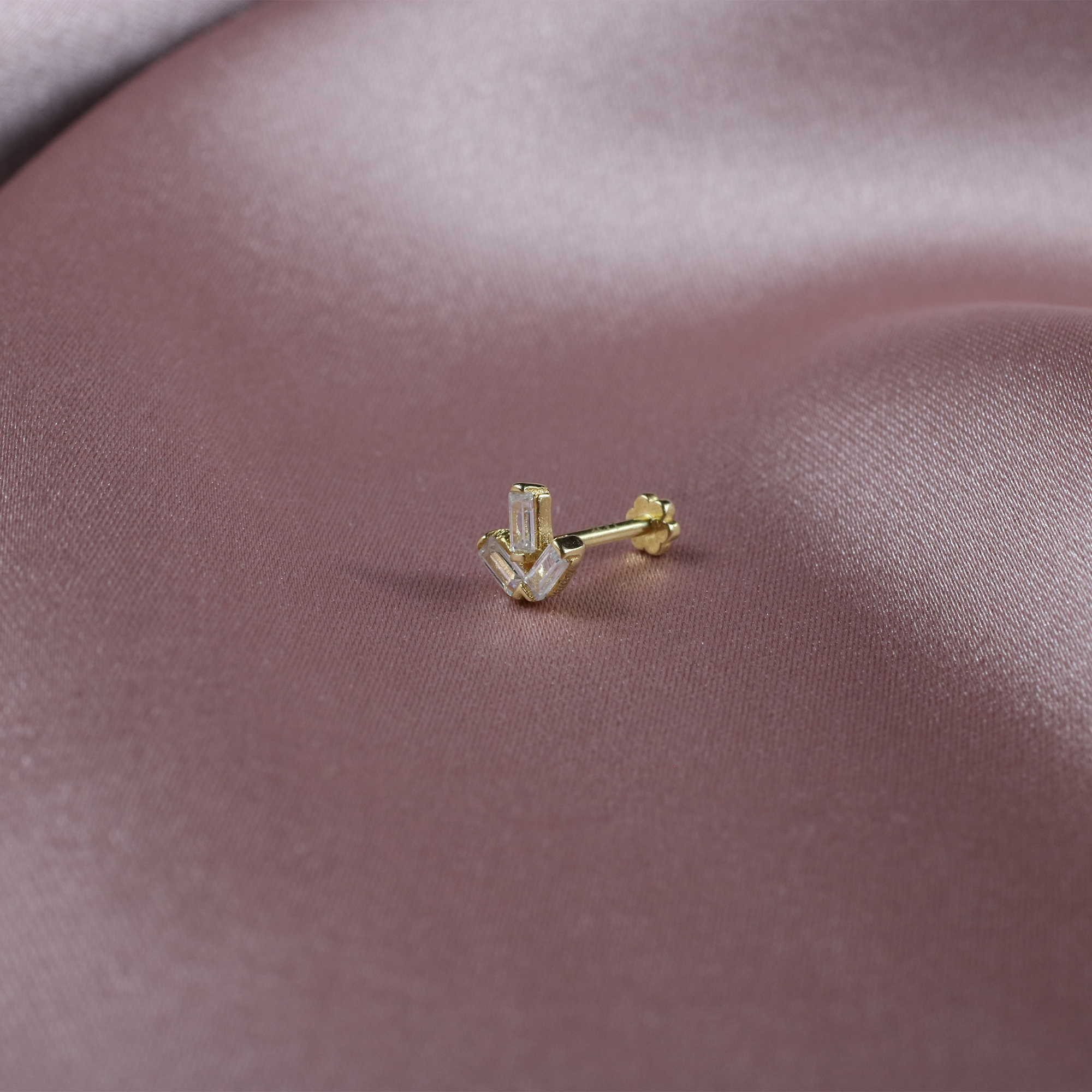 Triple Side Flatback Ear Piercing 14K Gold with CZ Stone