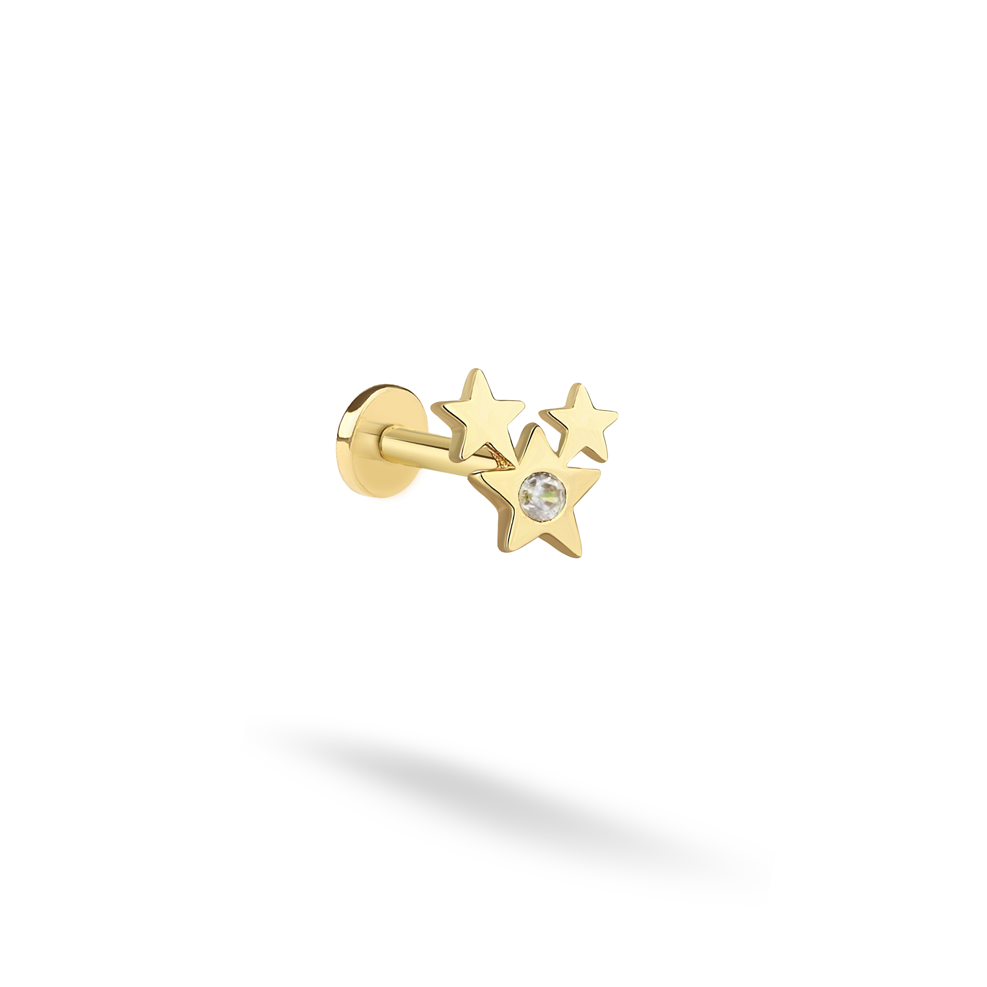 Triple Star Diamond Flatback Ear Piercing 14K CZ Gold