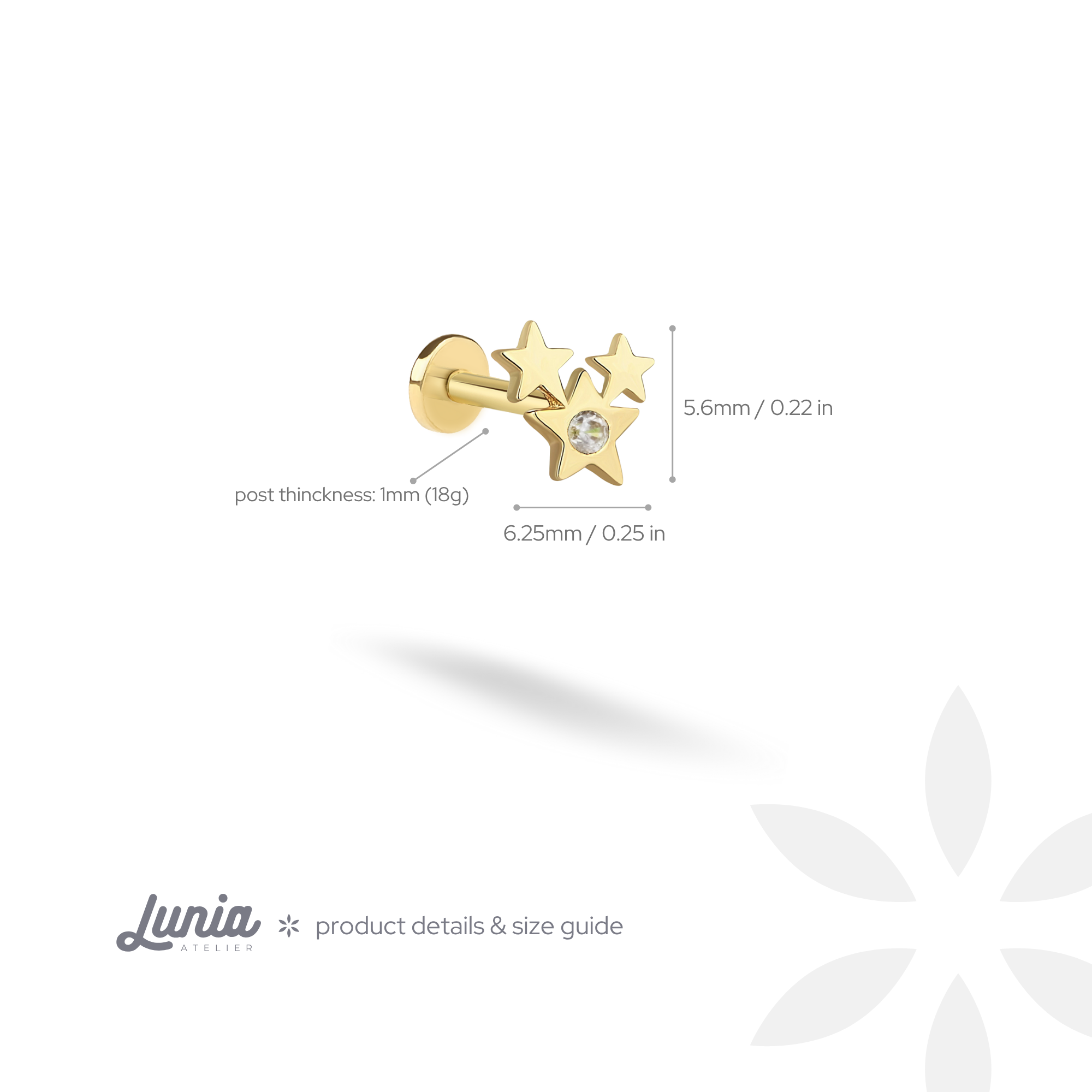 Triple Star Diamond Flatback Ear Piercing 14K CZ Gold