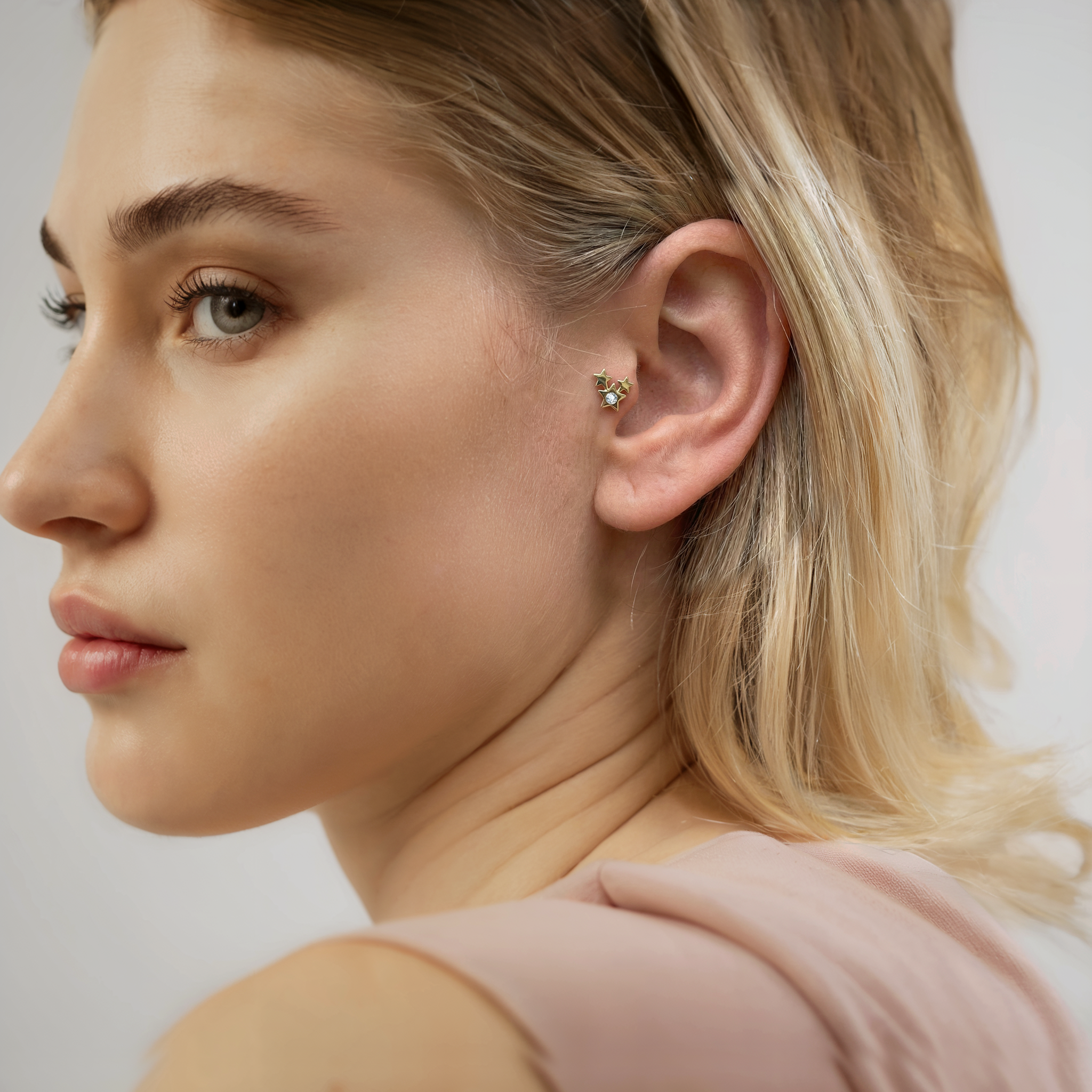 Triple Star Diamond Flatback Ear Piercing 14K CZ Gold