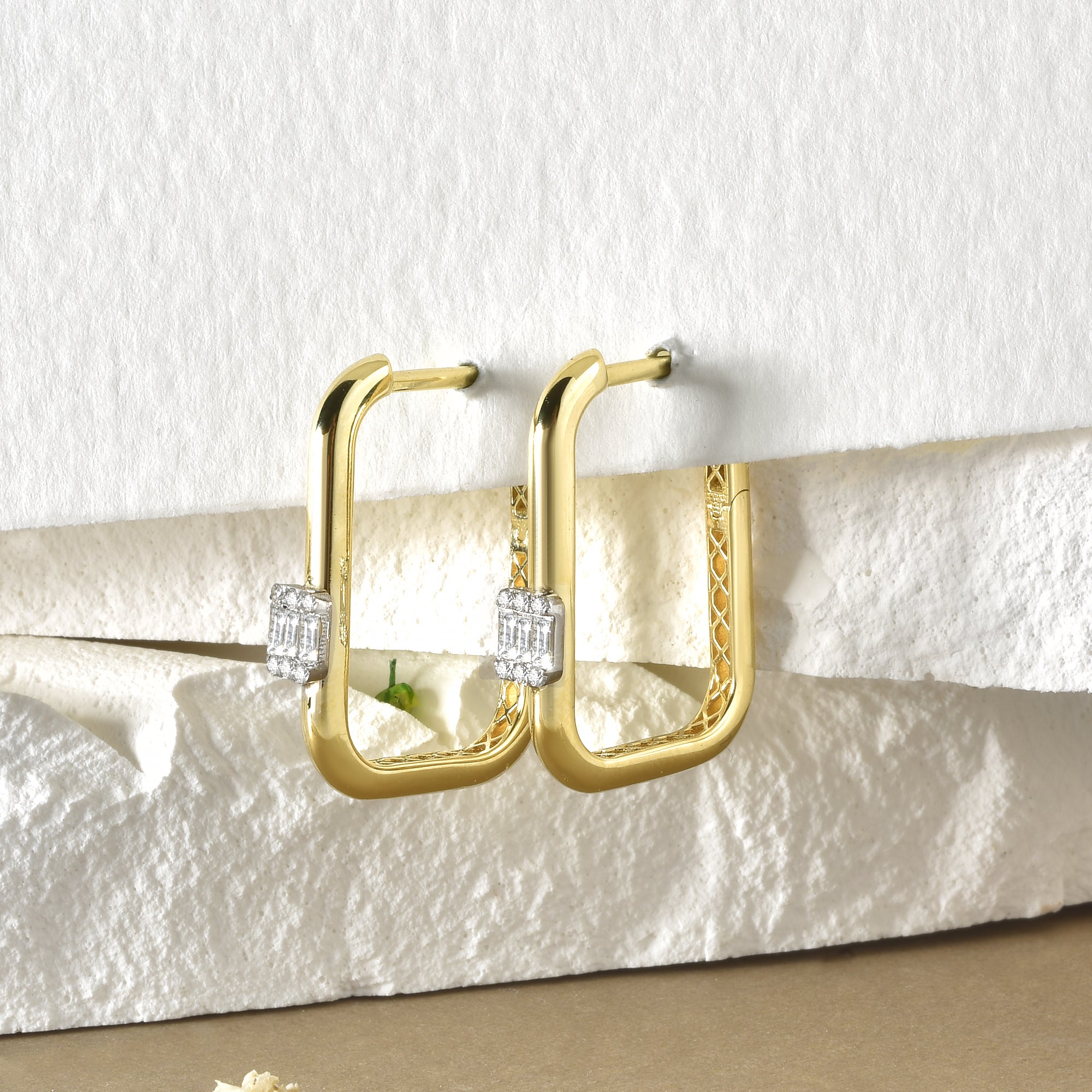 U Hinged Diamond Hoops Earrings 14K Gold