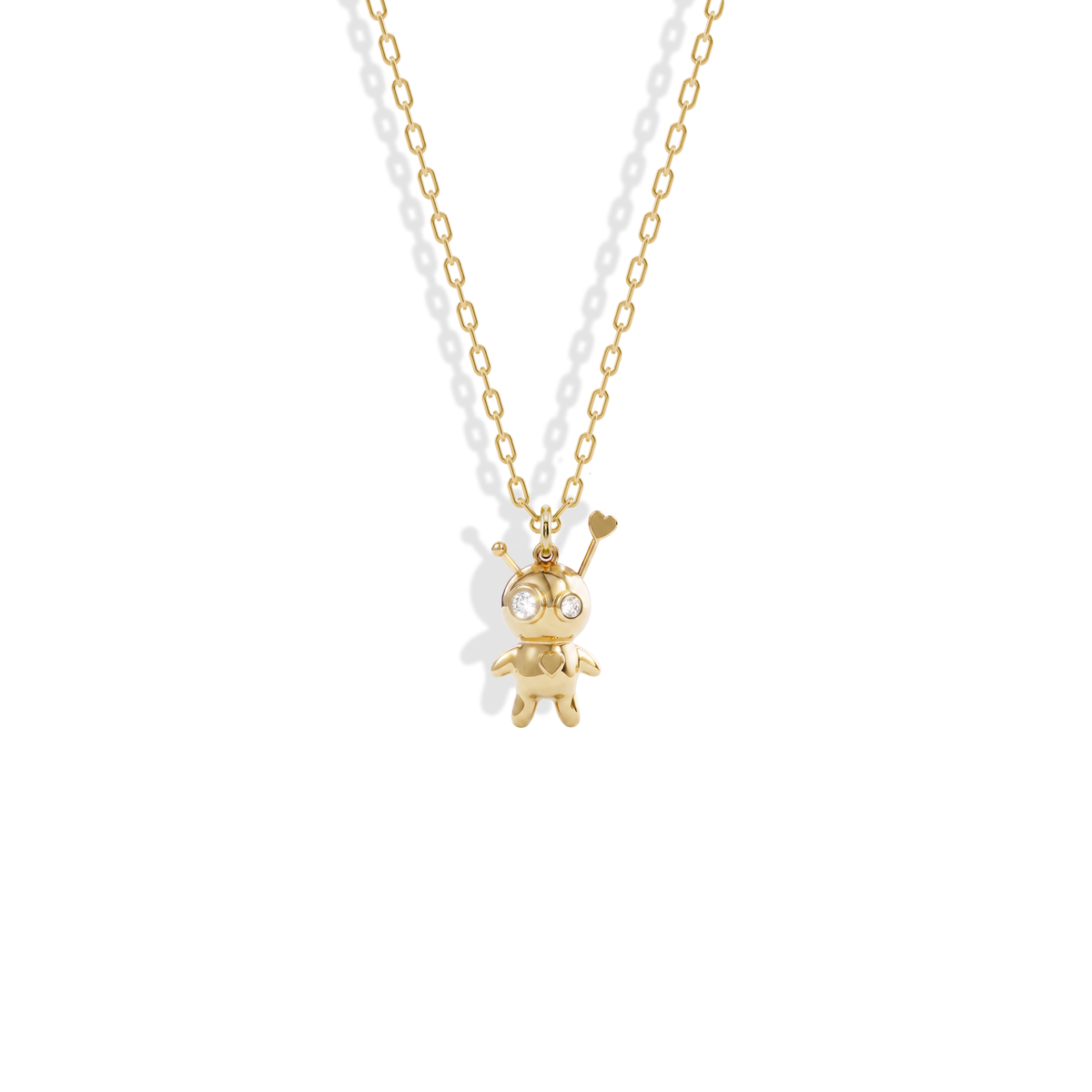 Stitch lines and a stone heart on the Voodoo Doll Stone Diamond Pendant Necklace 14K Gold / Silver in yellow gold