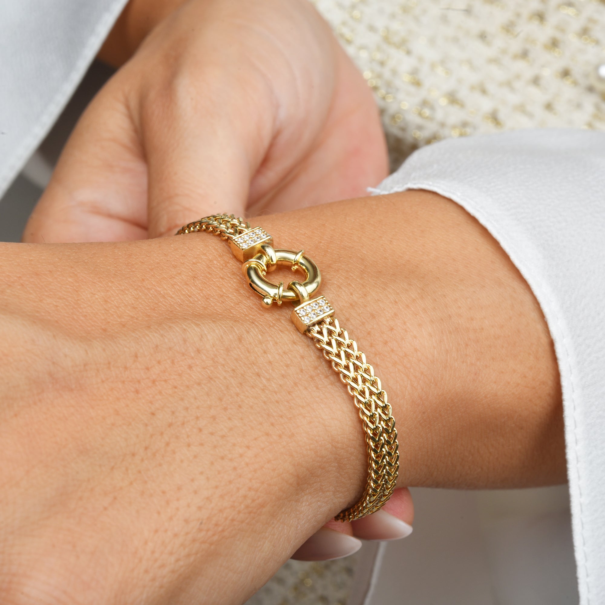 Wicker Braid Double Chain Bracelet 14KGold