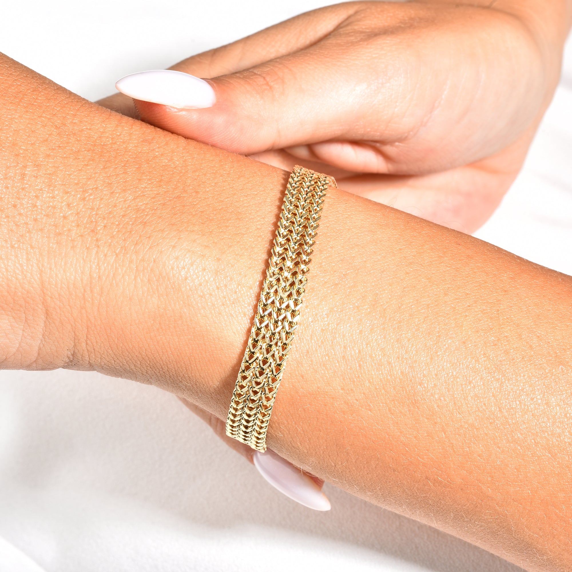 Wicker Braid Triple Chain Bracelet 14K Gold