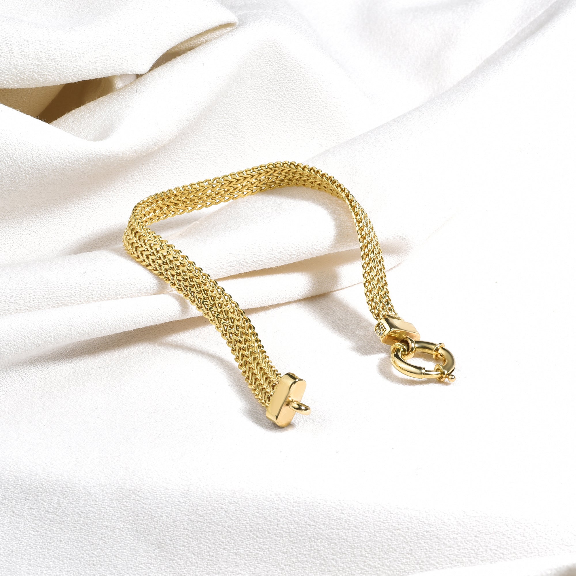 Wicker Braid Triple Chain Bracelet 14K Gold