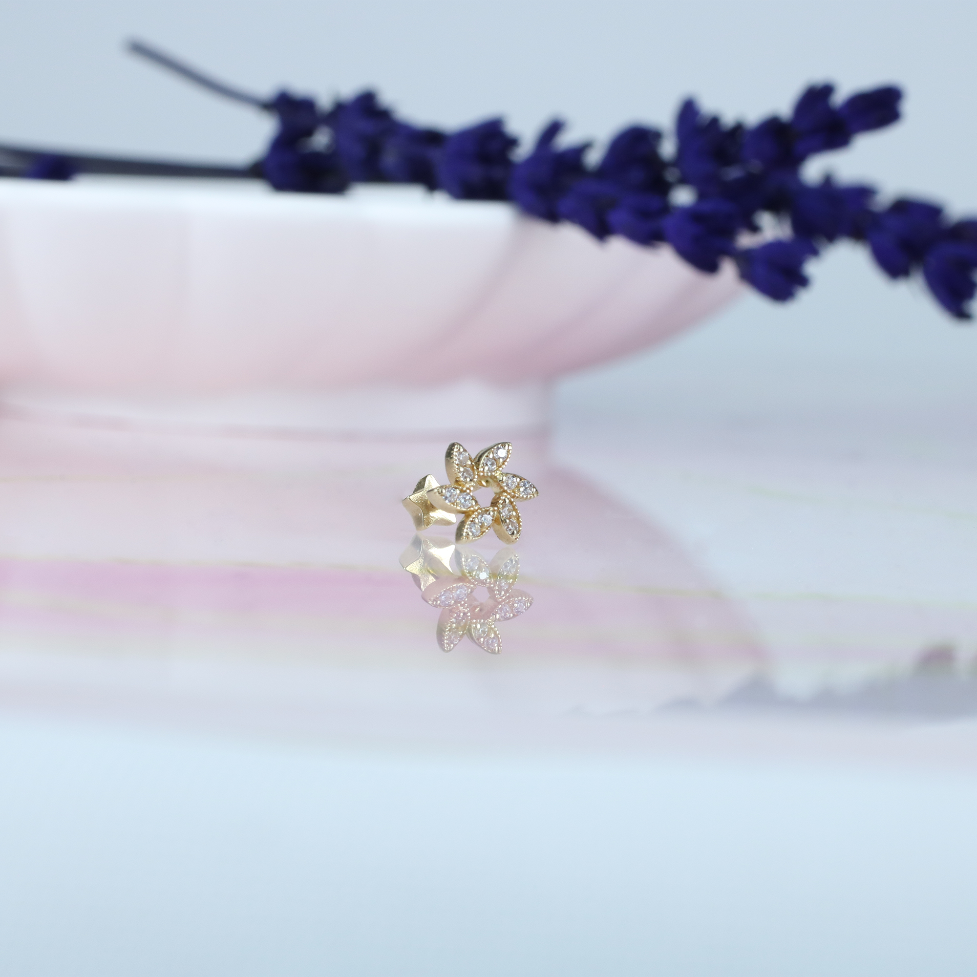 Wind Flower Flatback Ear Piercing 14K Gold with CZ Stone