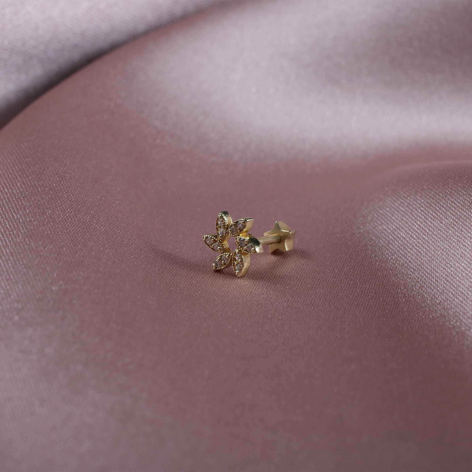 Wind Flower Flatback Ear Piercing 14K Gold with CZ Stone