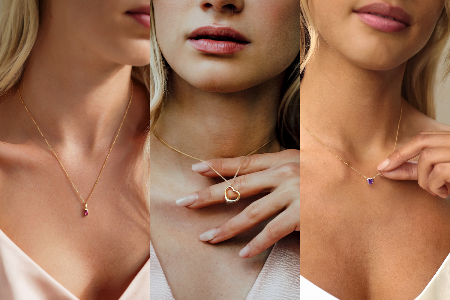 14K solid gold minimalist necklaces displayed in pink jewelry boxes, perfect as meaningful gifts.