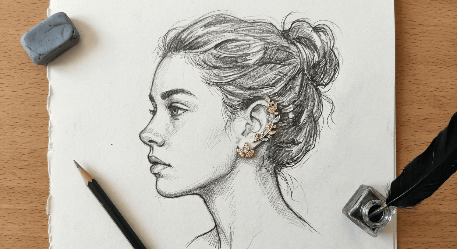 Curated ear styled with 14K solid gold flatback studs and hoops across lobe, helix and conch placements by Lunia Atelier