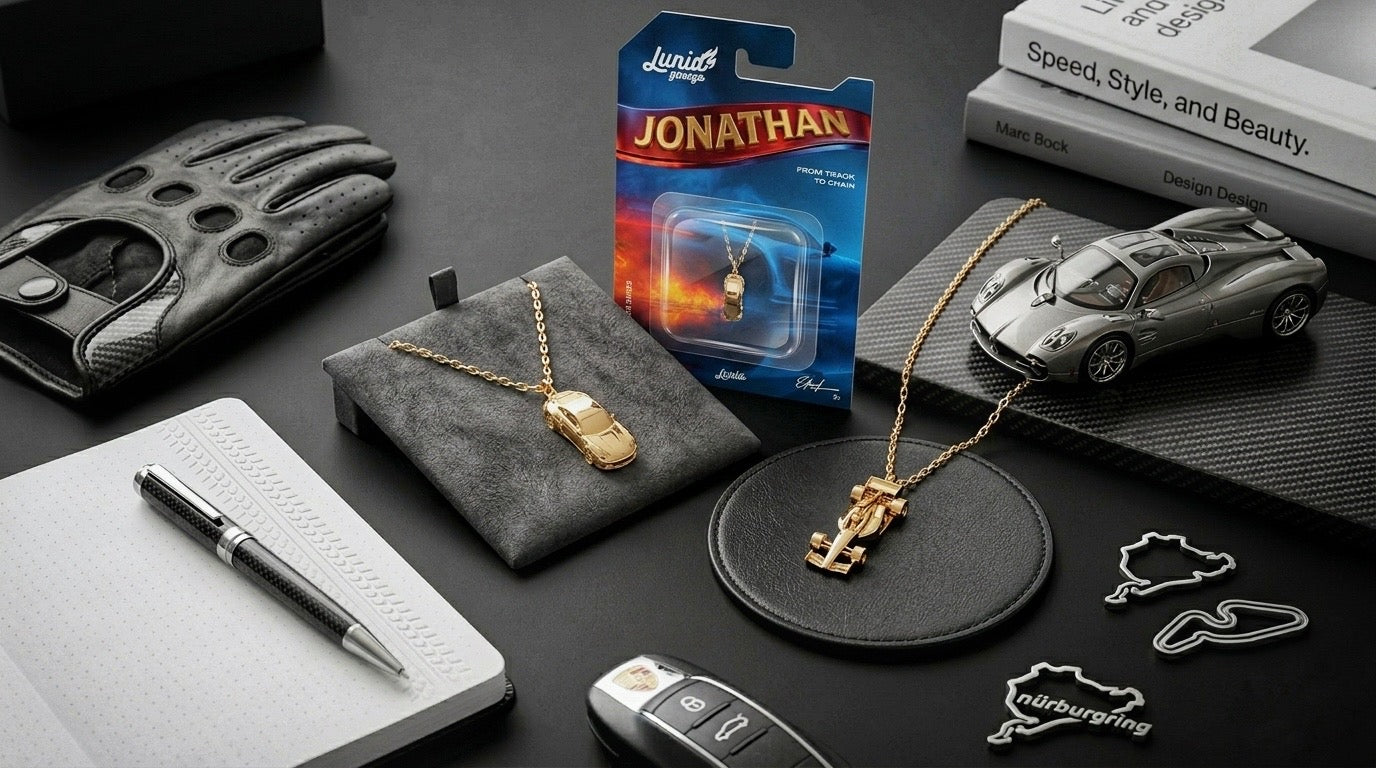 Car Lover Jewelry Gift Guide featuring diecast and custom jewelry pieces inspired by racing, classic cars, and collector culture