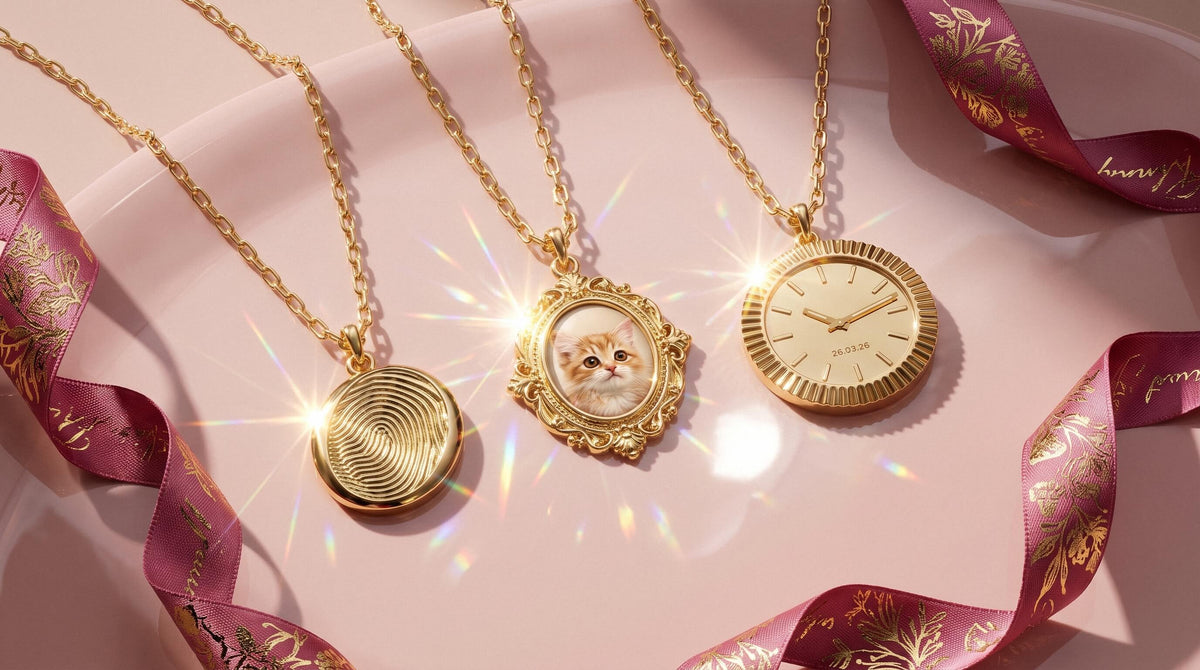 Seven personalized necklaces featuring photo, fingerprint, name, initial, and custom date-and-time designs