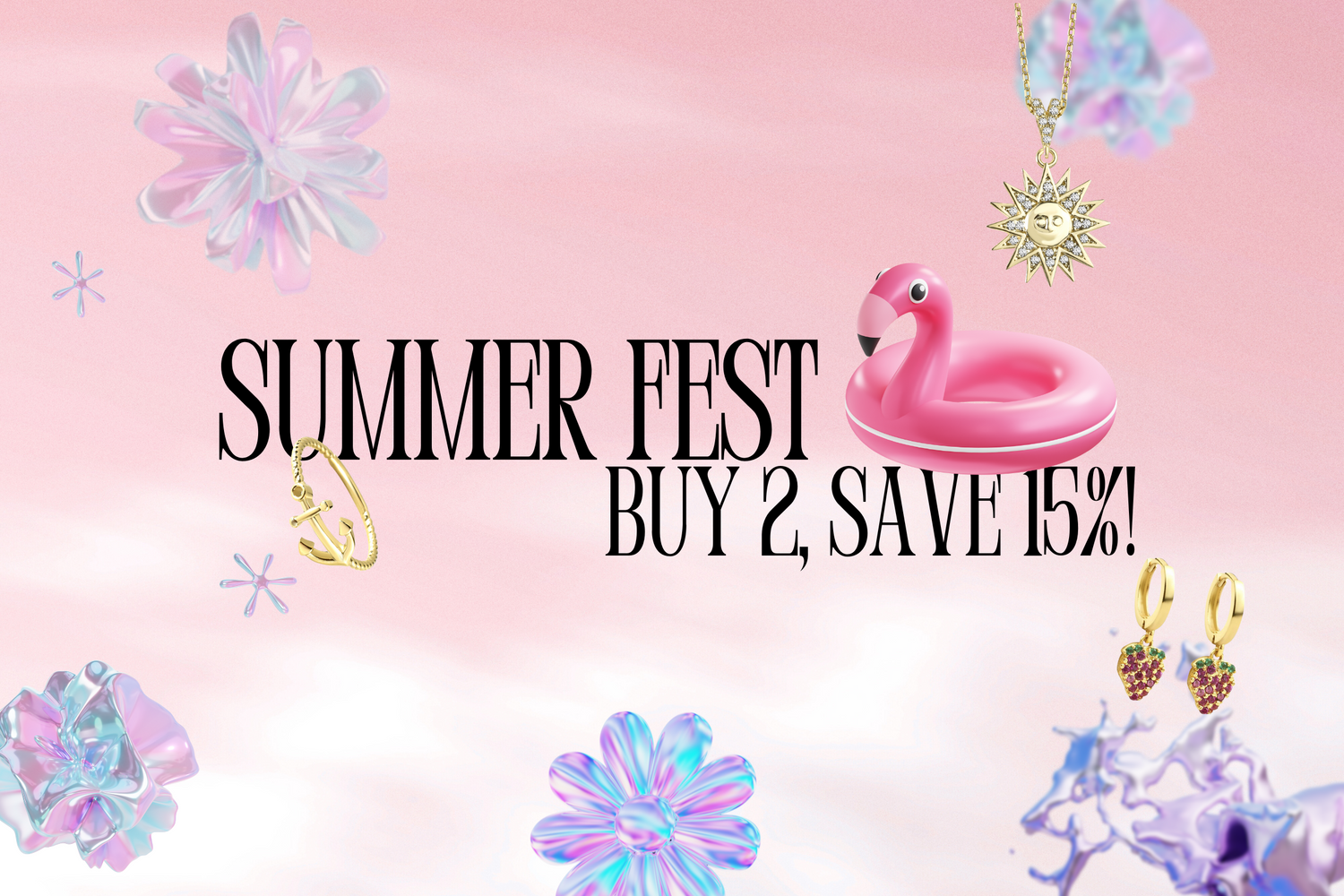 Fine jewelry summer sale banner with promo code BUY2GET15 and 14K gold jewelry on display