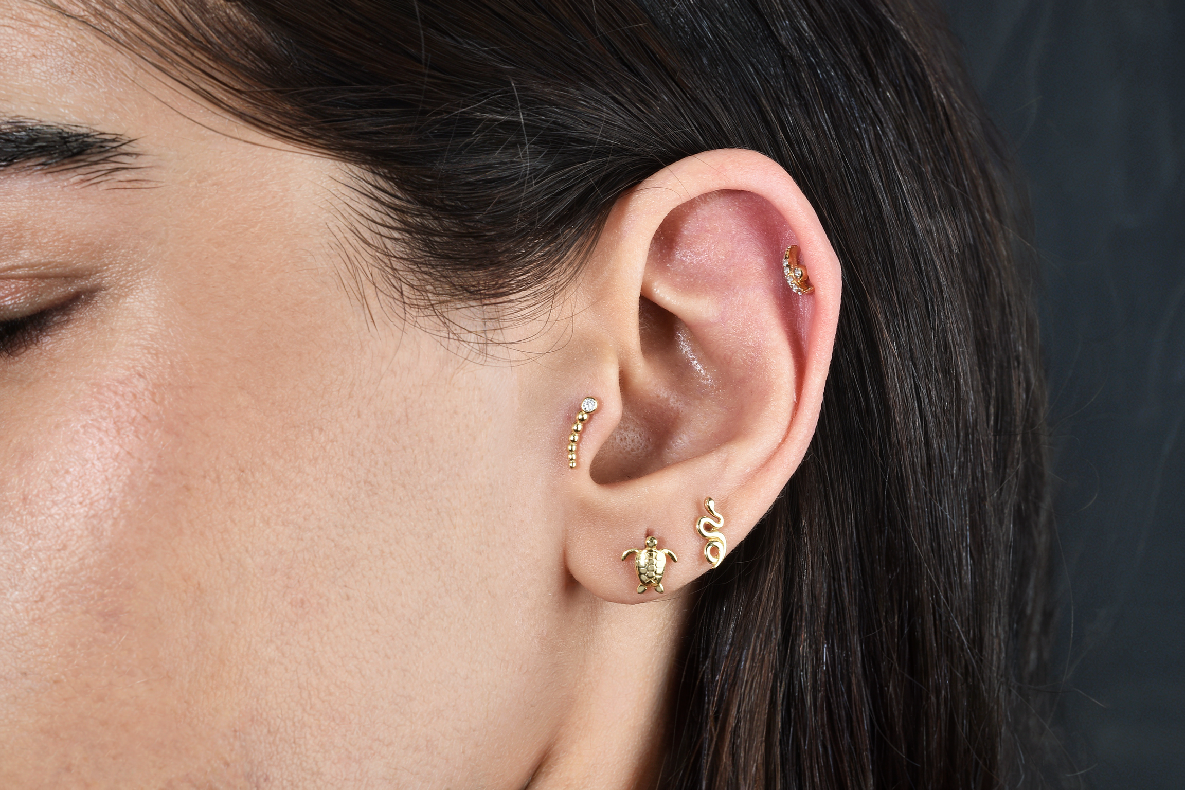 14K gold animal ear piercings cat dog bird butterfly snake designs