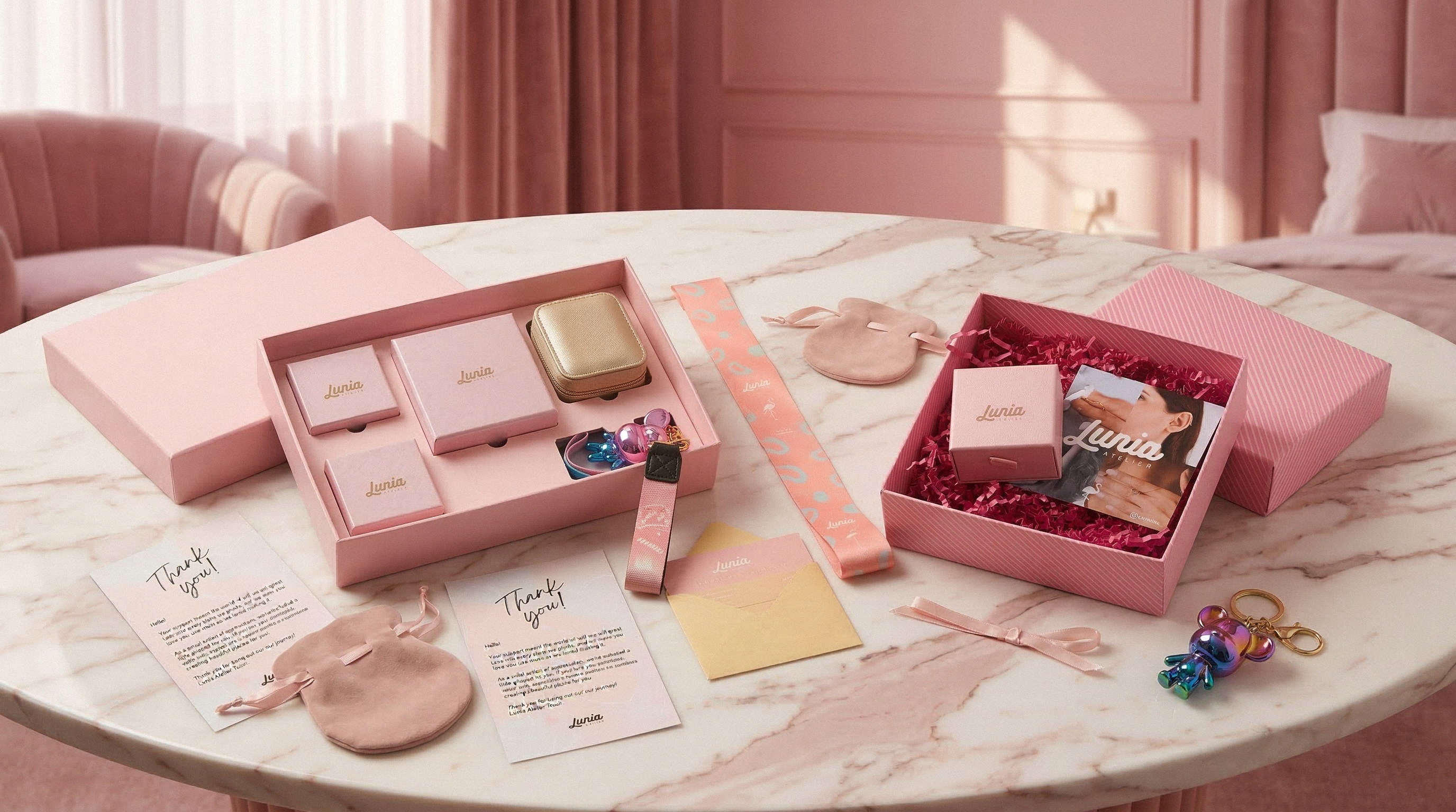 Fine jewelry gifts from Lunia Atelier, solid 14K gold and sterling silver necklaces and earrings arranged with the signature pink gift box