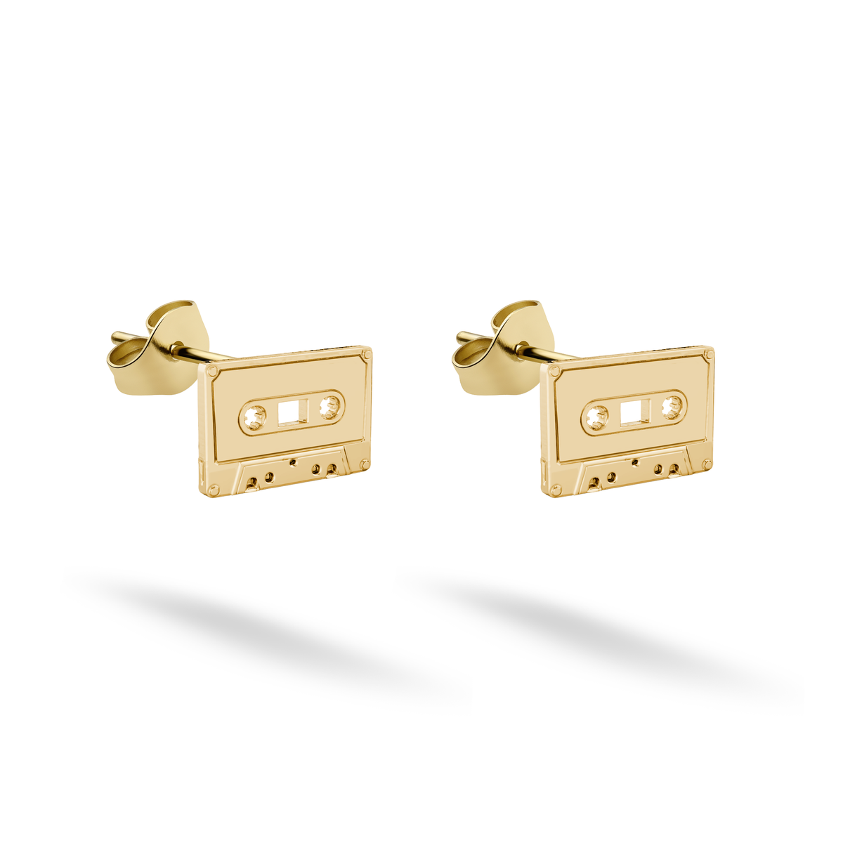 Cassette Tape stud earrings in 14K yellow gold reproduce twin reels, a window and lower edge details