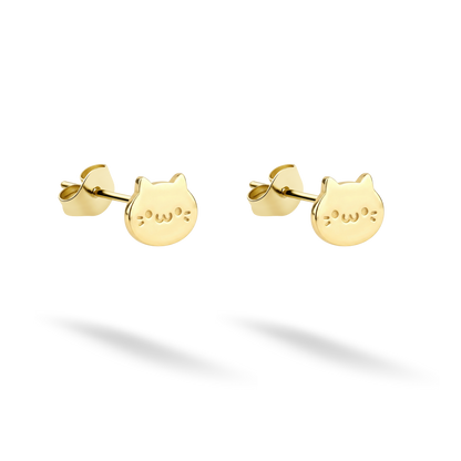 Cute cat stud earrings in gleaming 14K yellow gold with a tiny whiskered face
