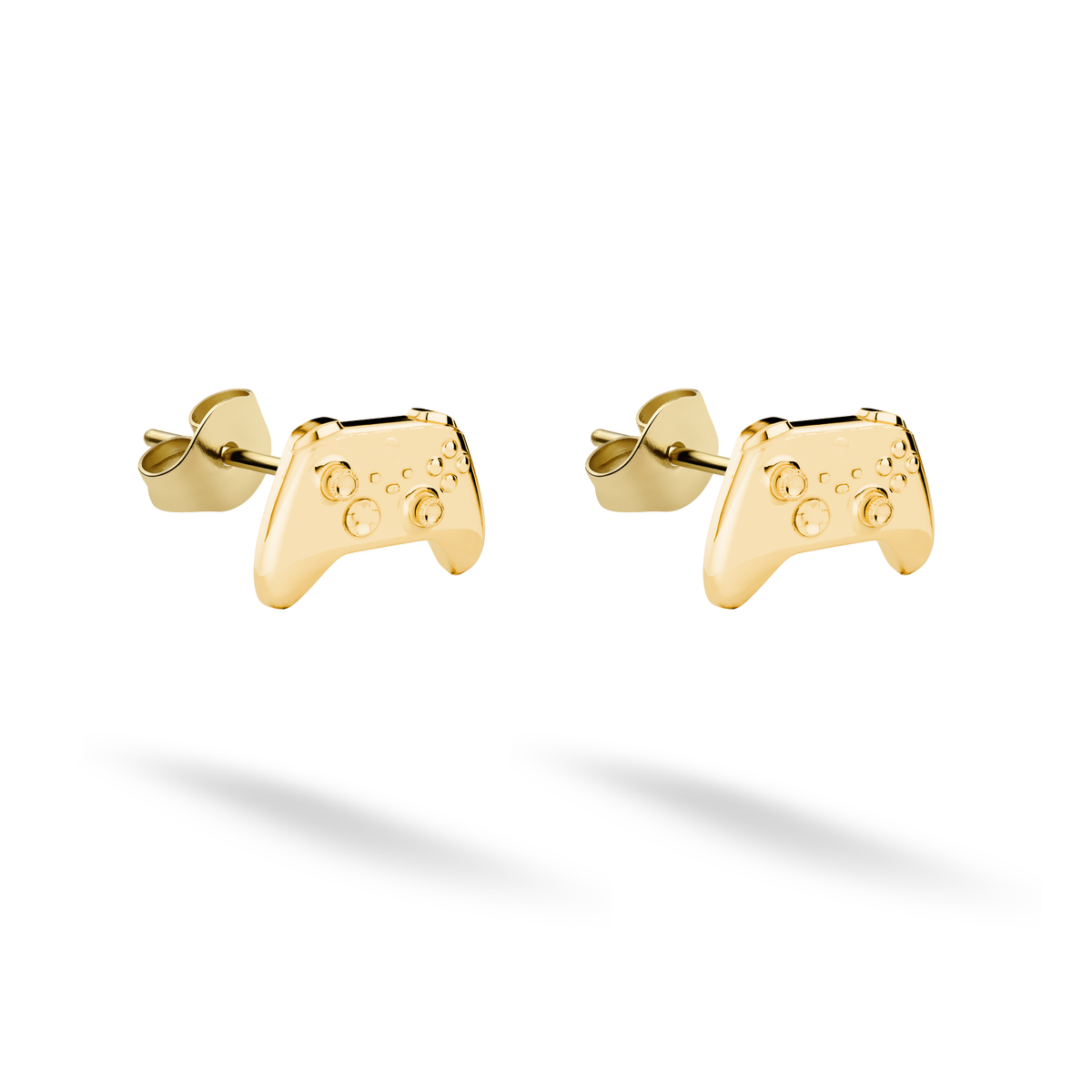 Game Controller stud earrings rendered in 14K yellow gold with miniature buttons and twin grips