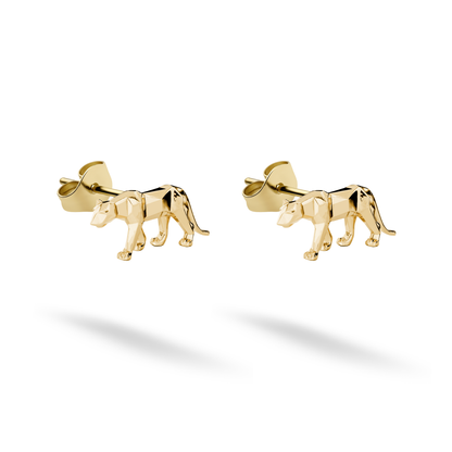 Geometric Panther stud earrings in 14K yellow gold show a sleek cat formed from angular facets