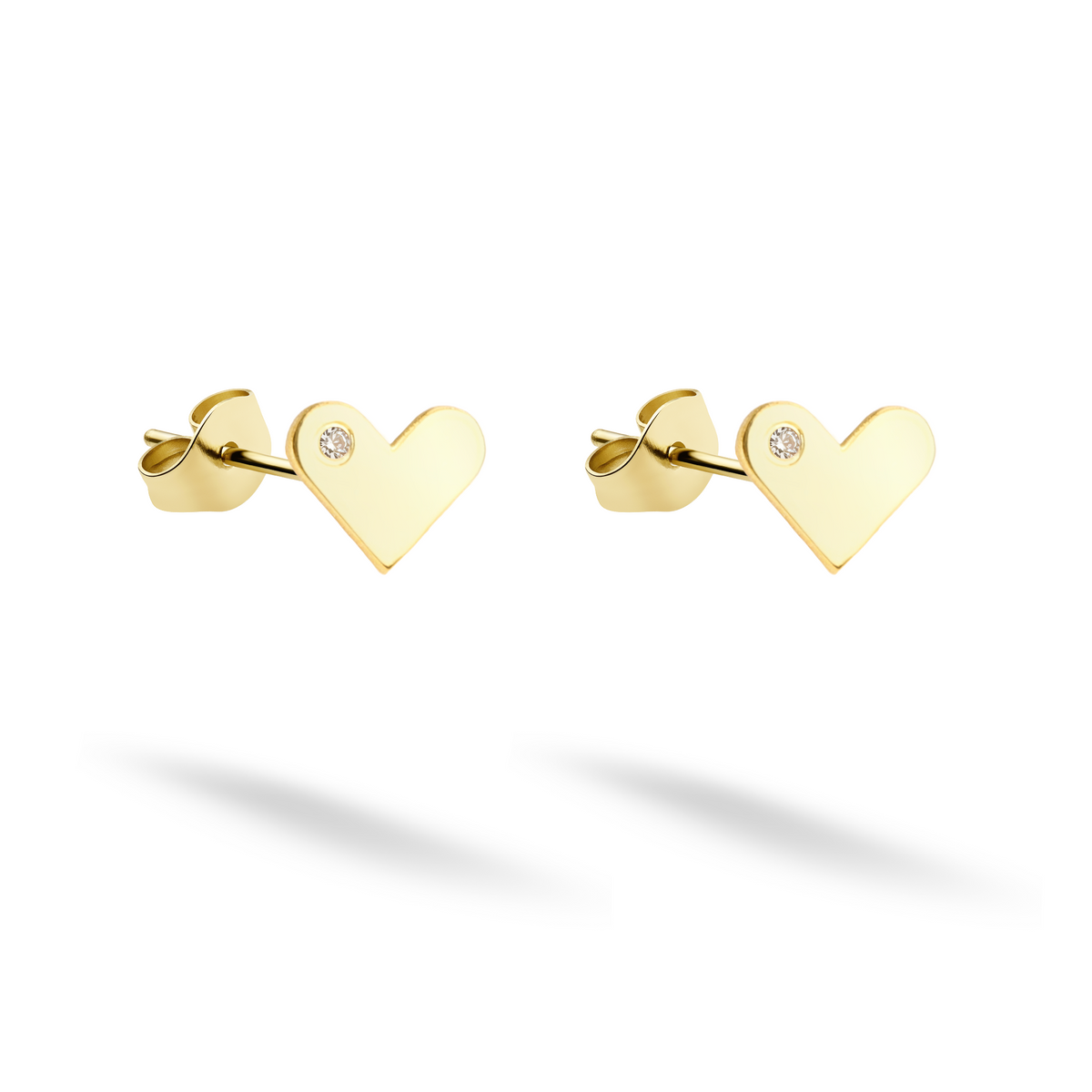 Open heart stud earrings with a sparkling stone set in polished 14K yellow gold