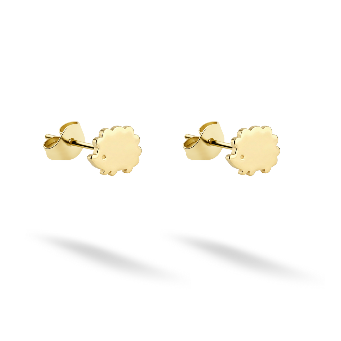 Hedgehog stud earrings in bright 14K yellow gold with a rounded spiky outline