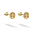 Medusa stud earrings cast in 14K yellow gold display a detailed face framed by curling hair