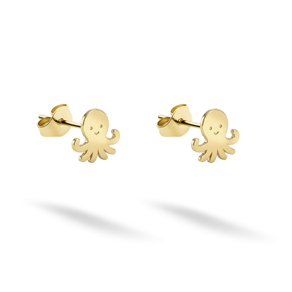 Octopus stud earrings in polished 14K yellow gold with eight curling tentacles