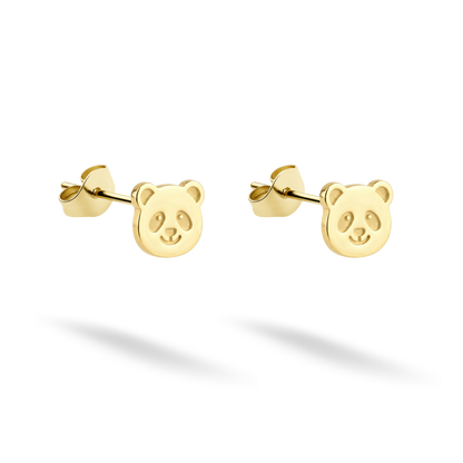 Panda stud earrings in polished 14K yellow gold with rounded ears and engraved facial details